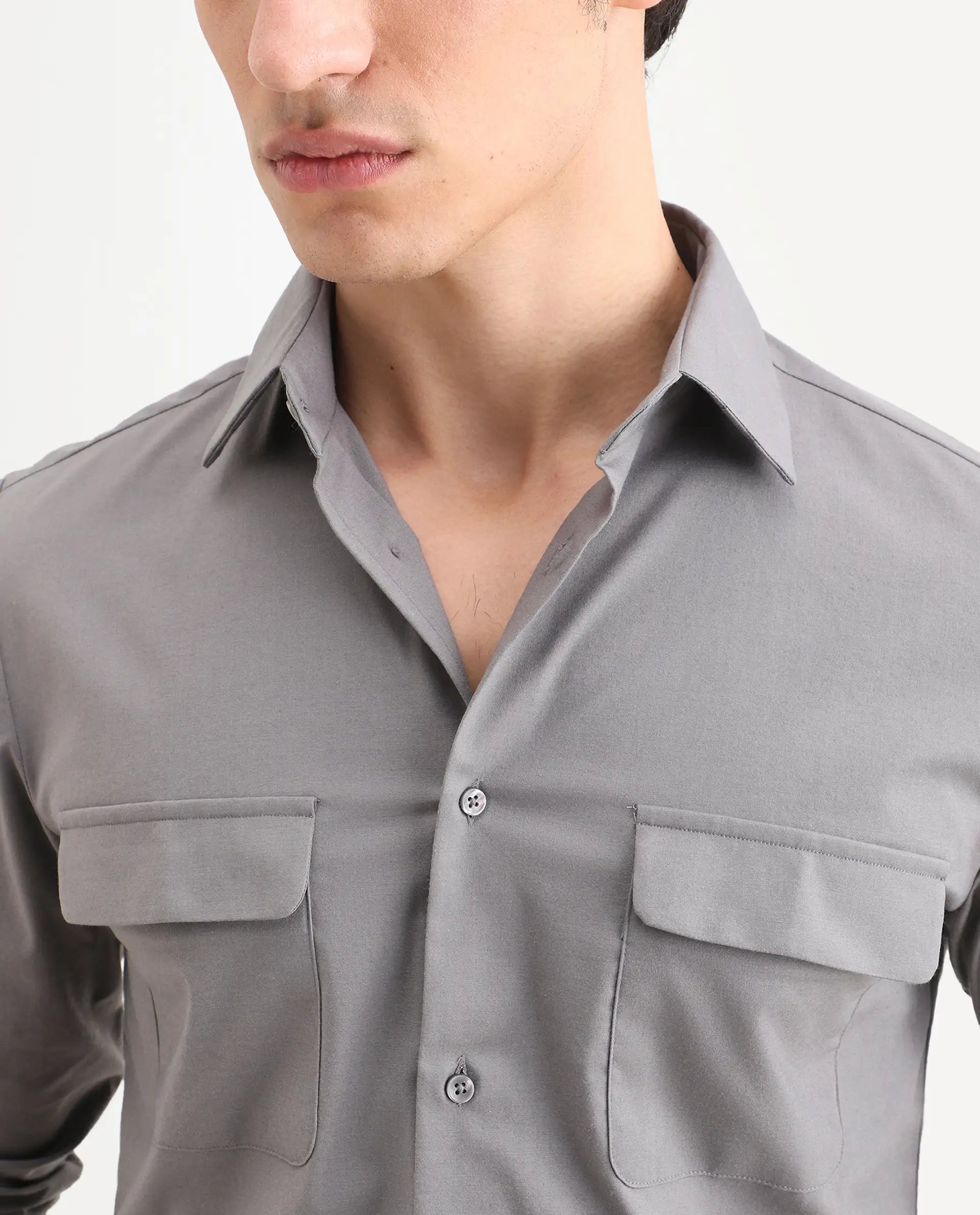 Rare Rabbit Men's Murp Dark Grey Polyester Blend Plain Regular Fit Full Sleeve Collared Shirt