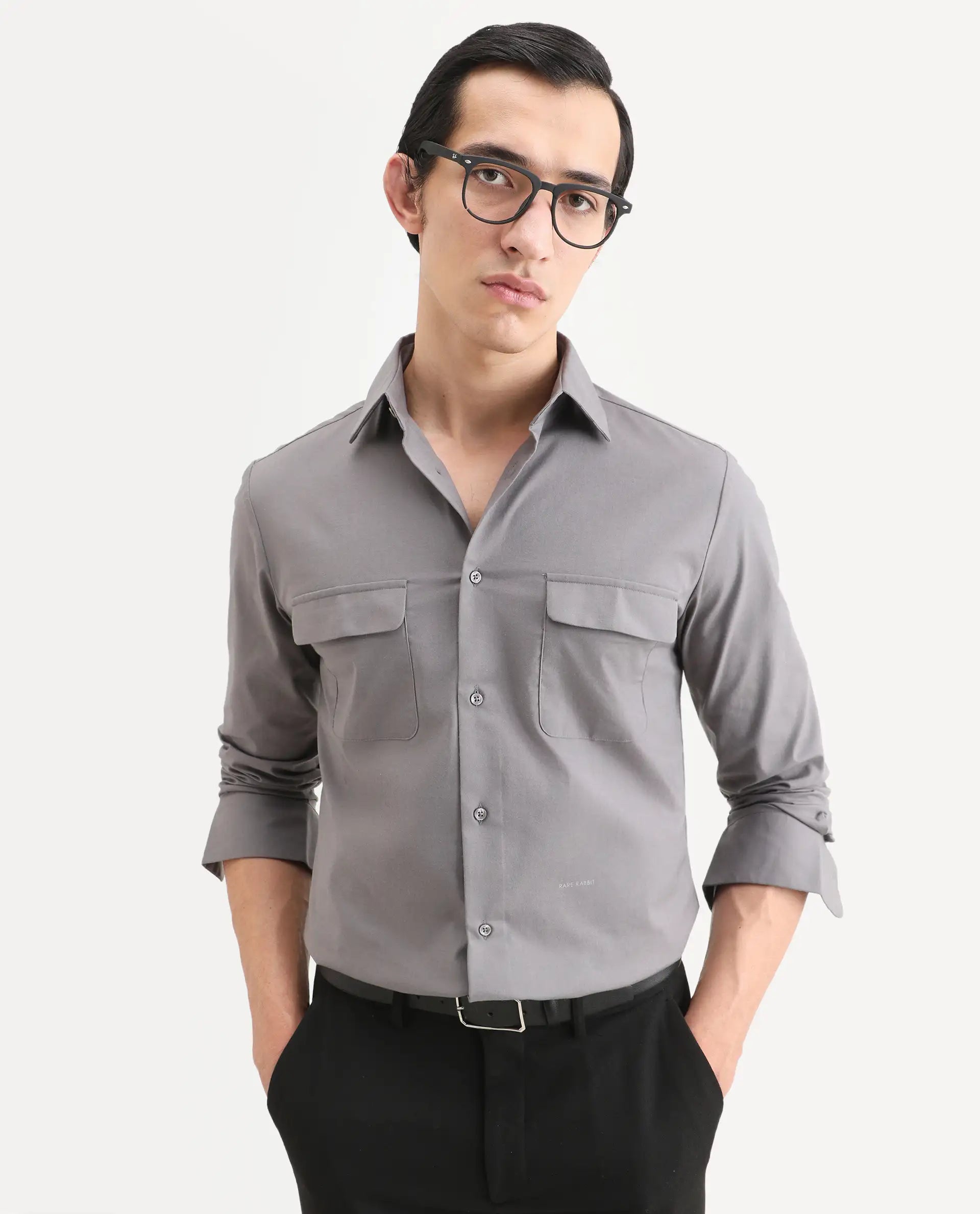 Rare Rabbit Men's Murp Dark Grey Polyester Blend Plain Regular Fit Full Sleeve Collared Shirt