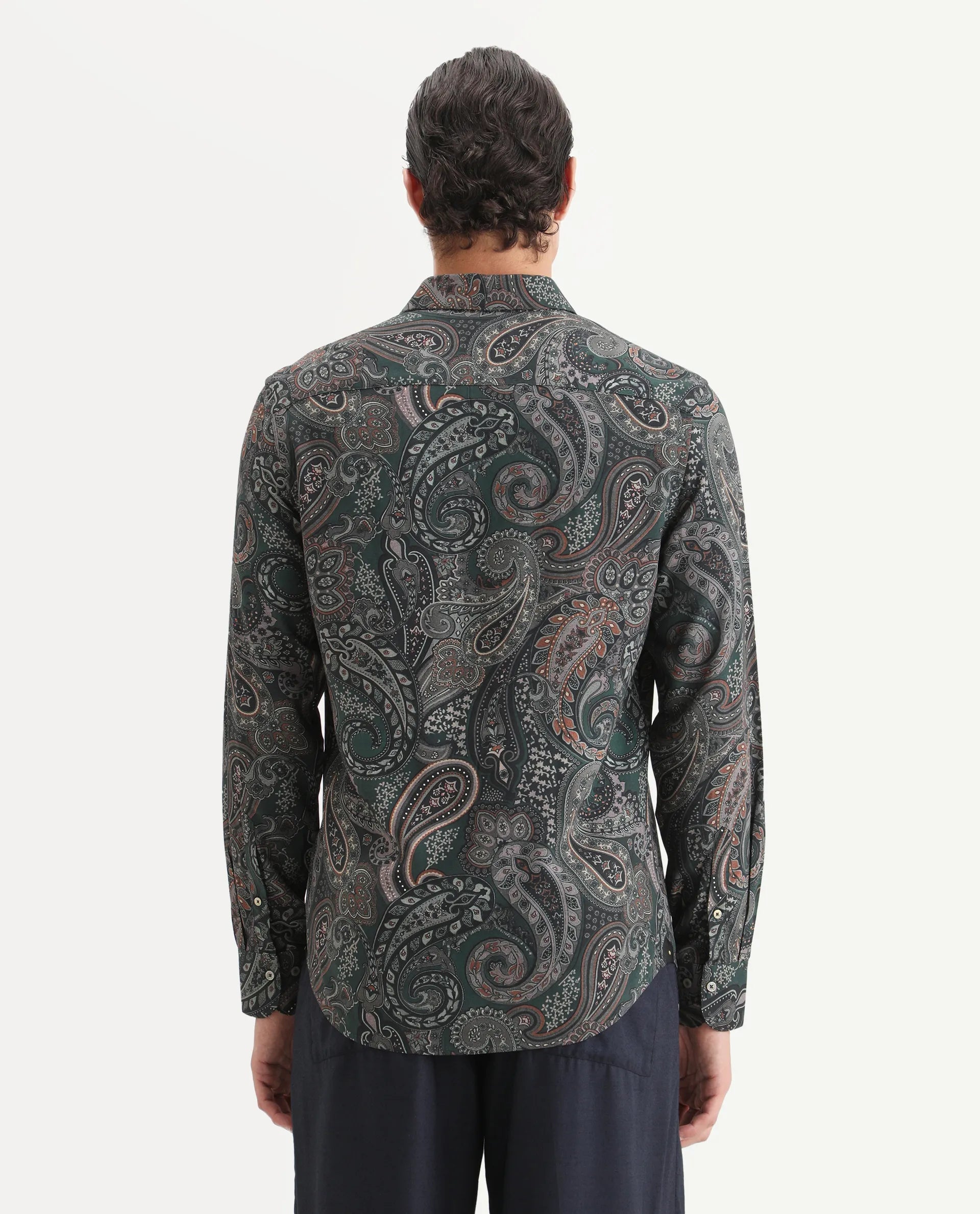 Rare Rabbit Men's Grent Green Viscose Fabric Collared Neck Regular Fit Paisley Print Shirt