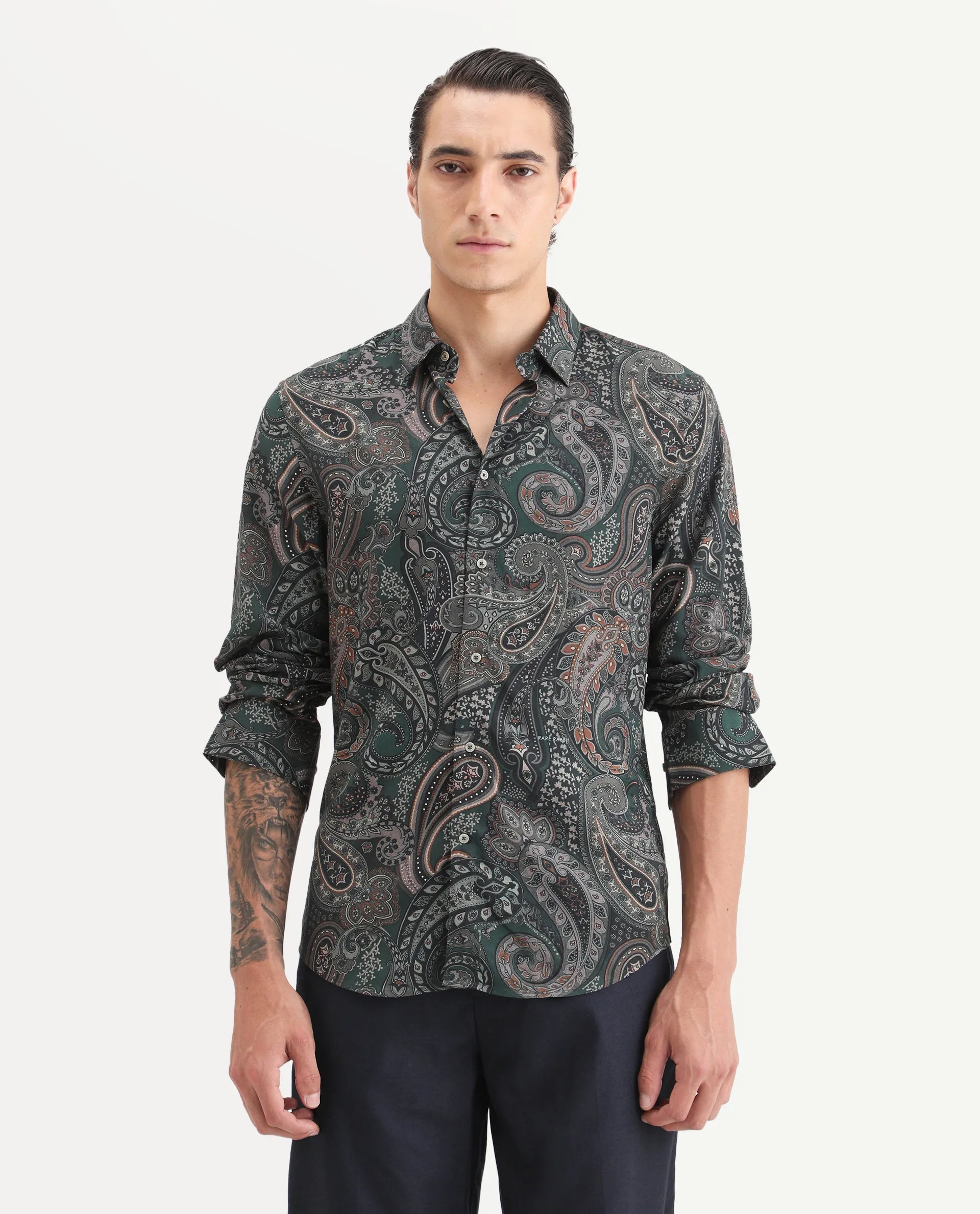 Rare Rabbit Men's Grent Green Viscose Fabric Collared Neck Regular Fit Paisley Print Shirt