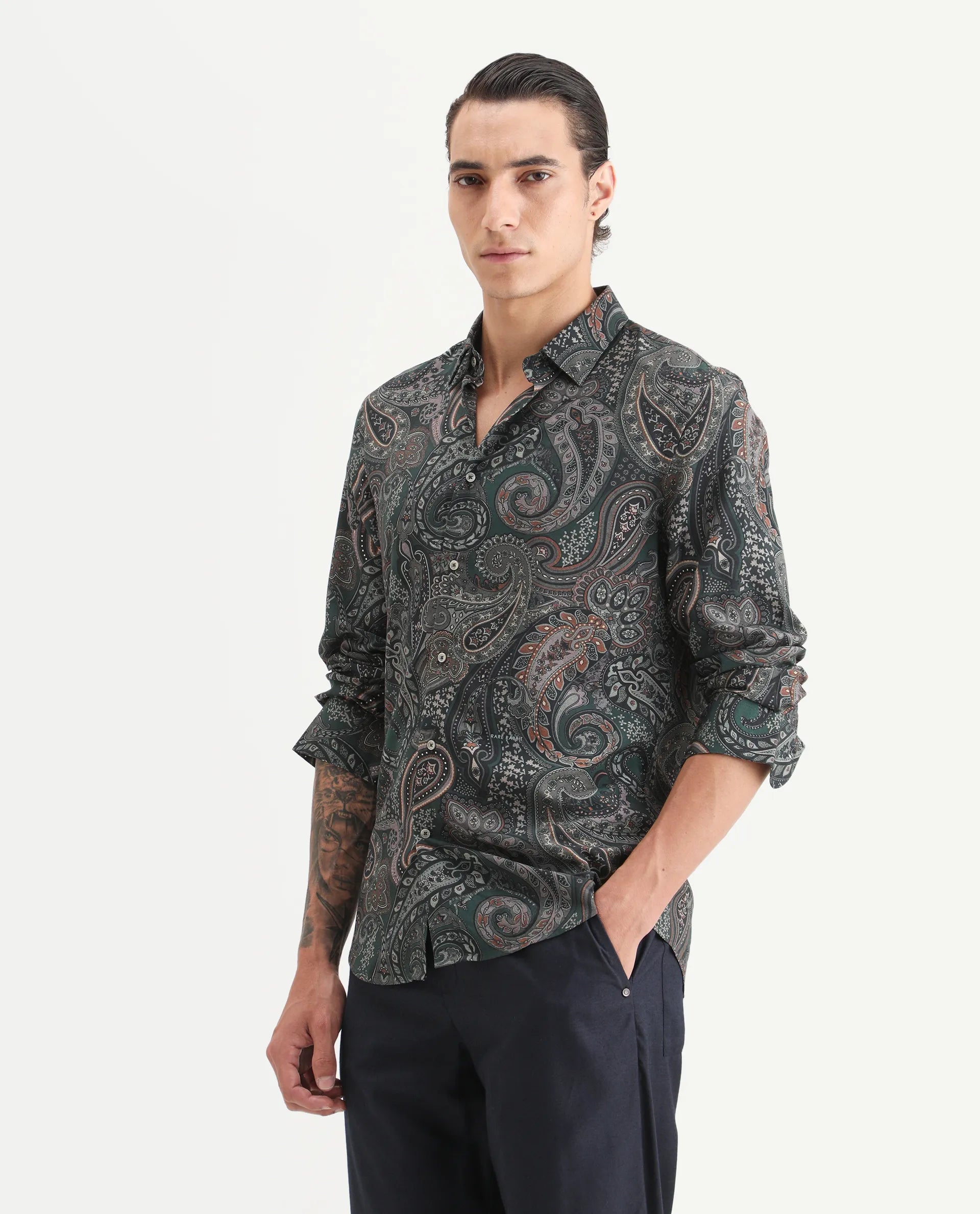 Rare Rabbit Men's Grent Green Viscose Fabric Collared Neck Regular Fit Paisley Print Shirt
