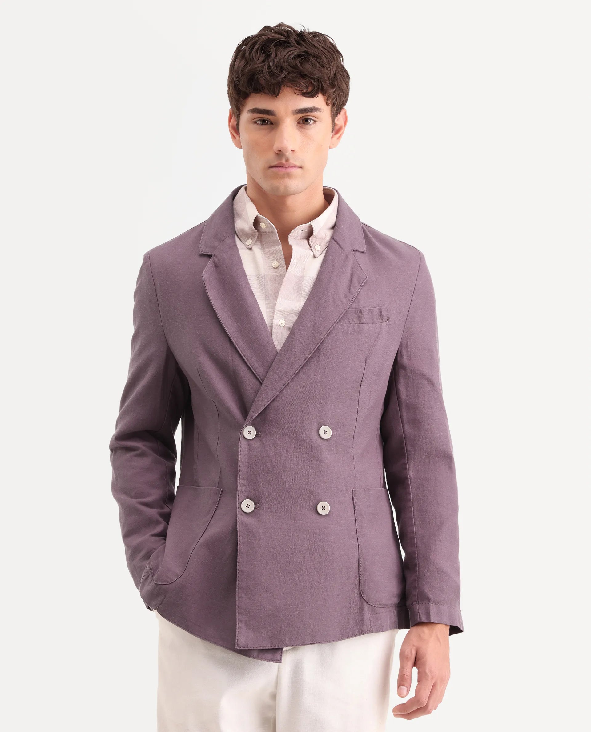 Rare Rabbit Men's Deb Purple Linen Blend Fabric Lapel Neck Tailored Fit Plain Blazer