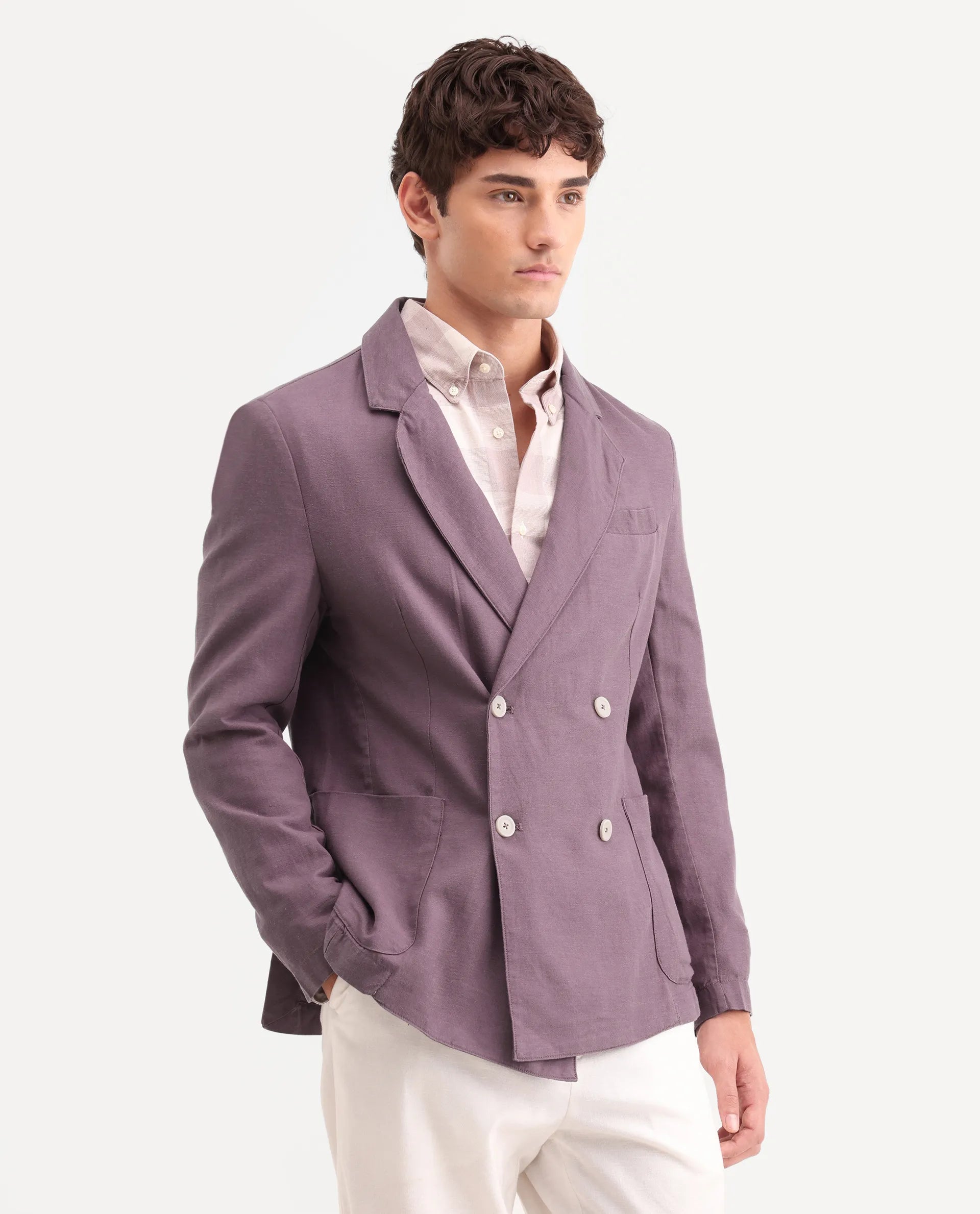Rare Rabbit Men's Deb Purple Linen Blend Fabric Lapel Neck Tailored Fit Plain Blazer