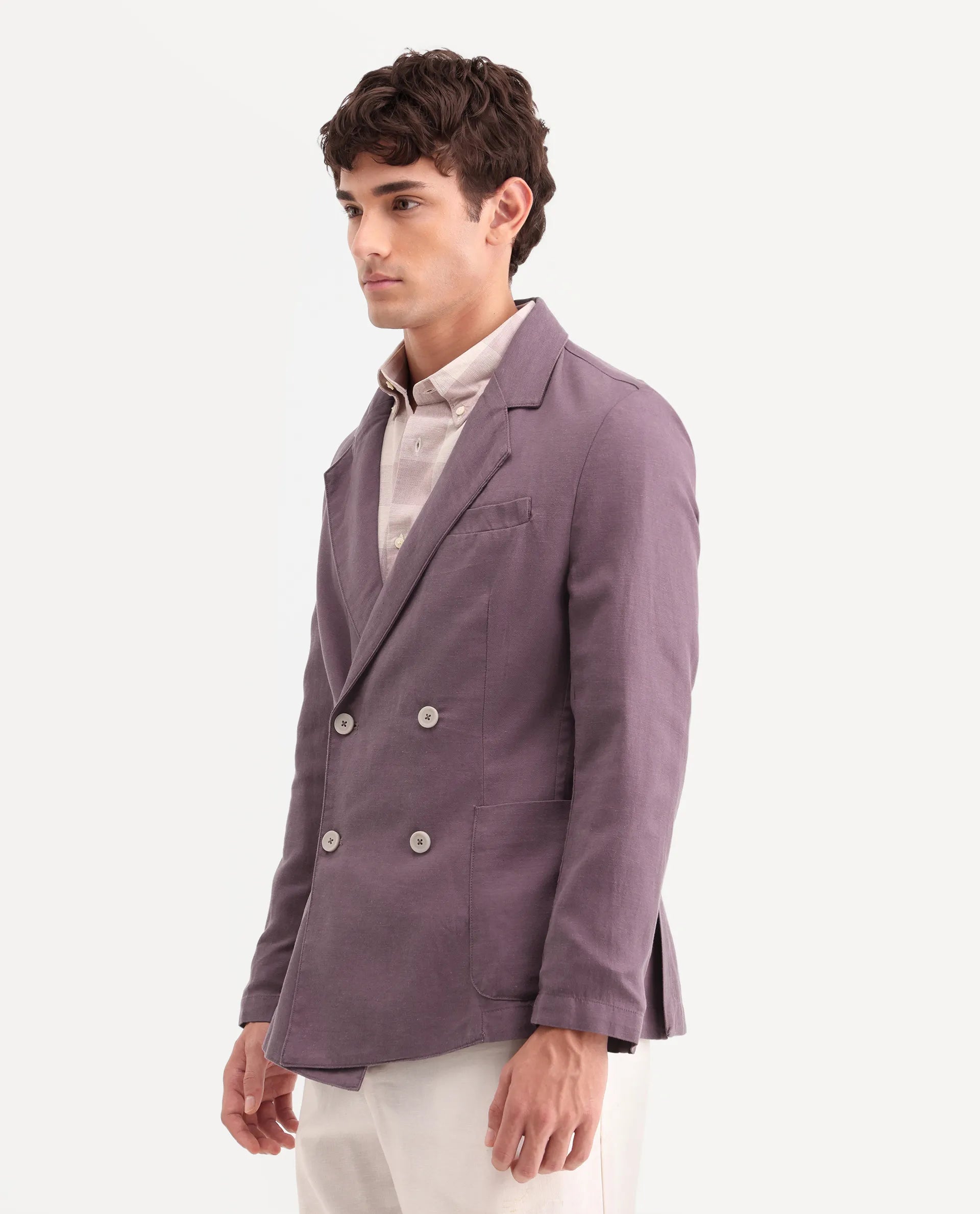 Rare Rabbit Men's Deb Purple Linen Blend Fabric Lapel Neck Tailored Fit Plain Blazer