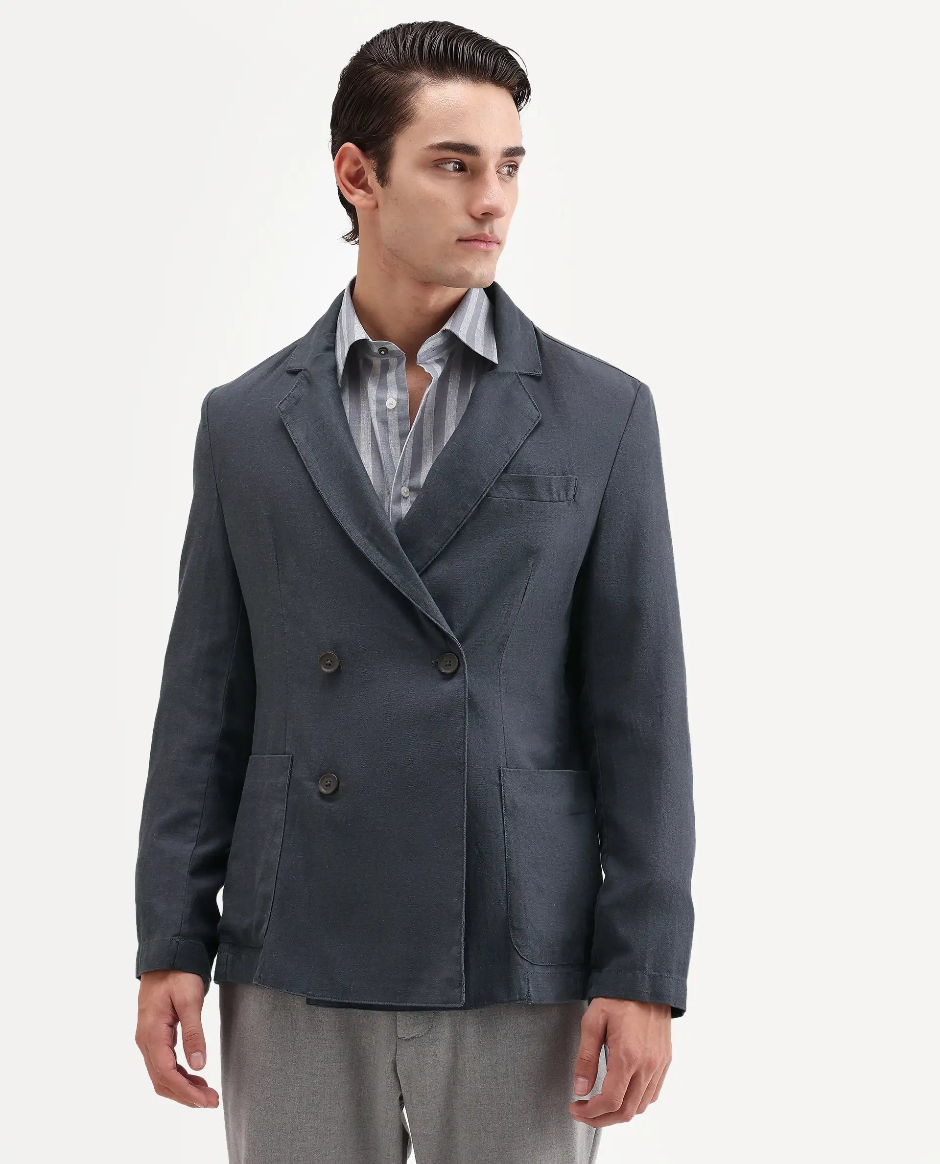 Rare Rabbit Men's Deb Dark Grey Linen Blend Fabric Lapel Neck Tailored Fit Plain Blazer