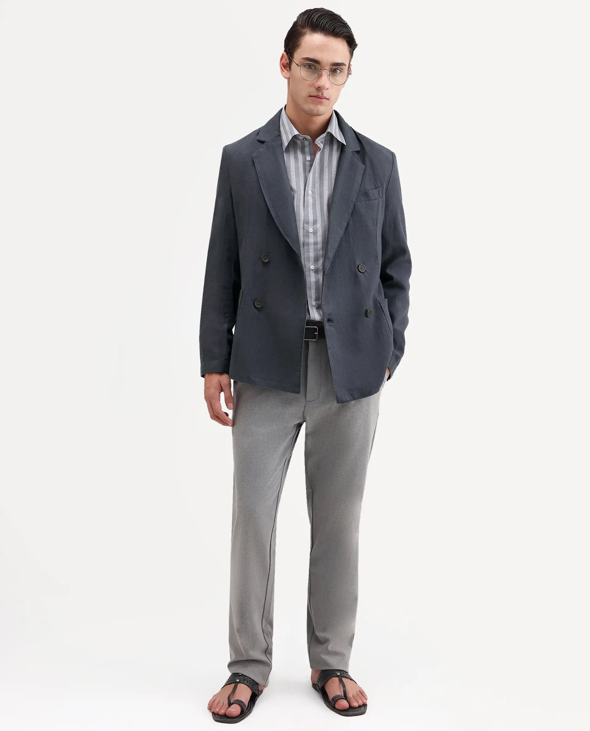 Rare Rabbit Men's Deb Dark Grey Linen Blend Fabric Lapel Neck Tailored Fit Plain Blazer