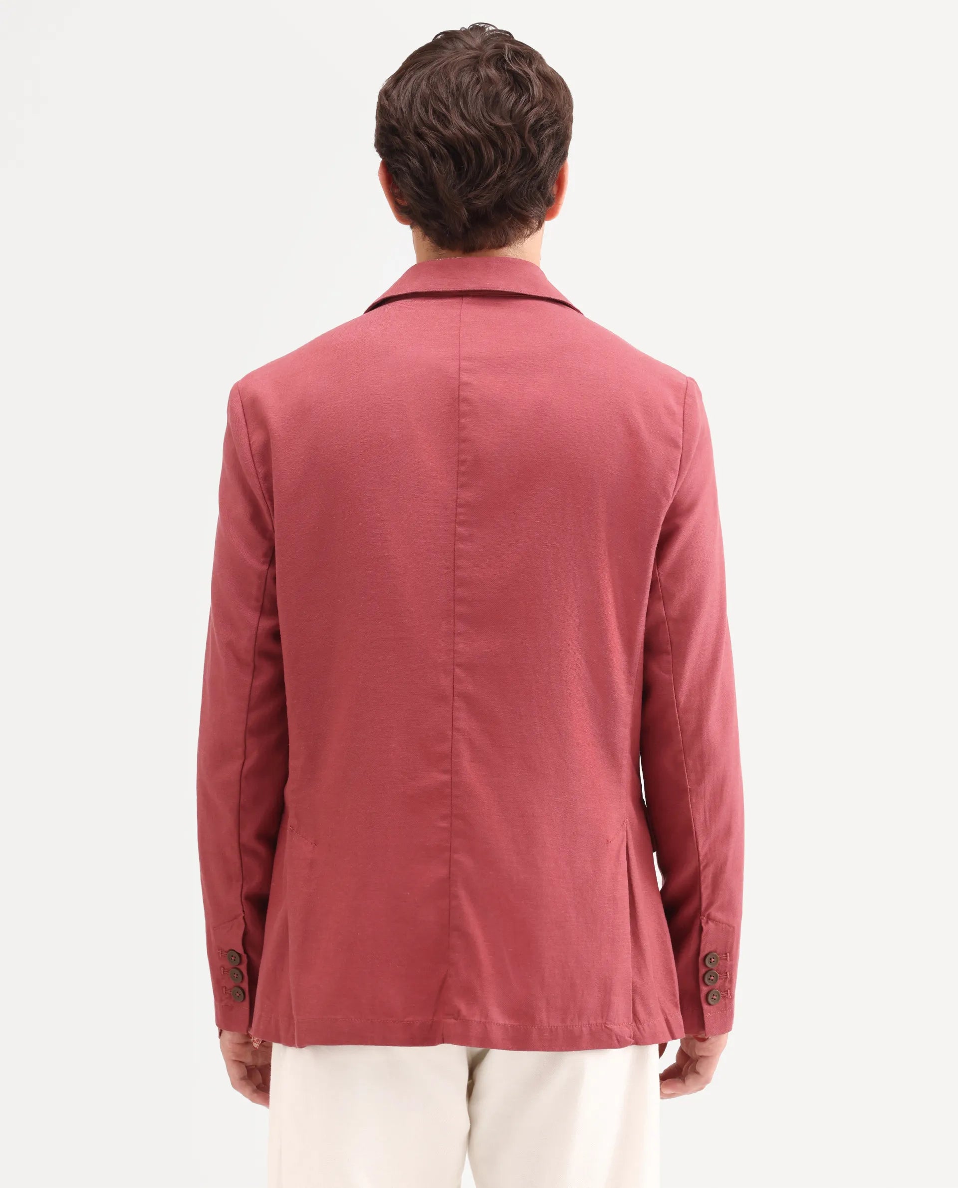Rare Rabbit Men's Linol Red Linen Blend Fabric Lapel Neck Tailored Fit Plain Blazer