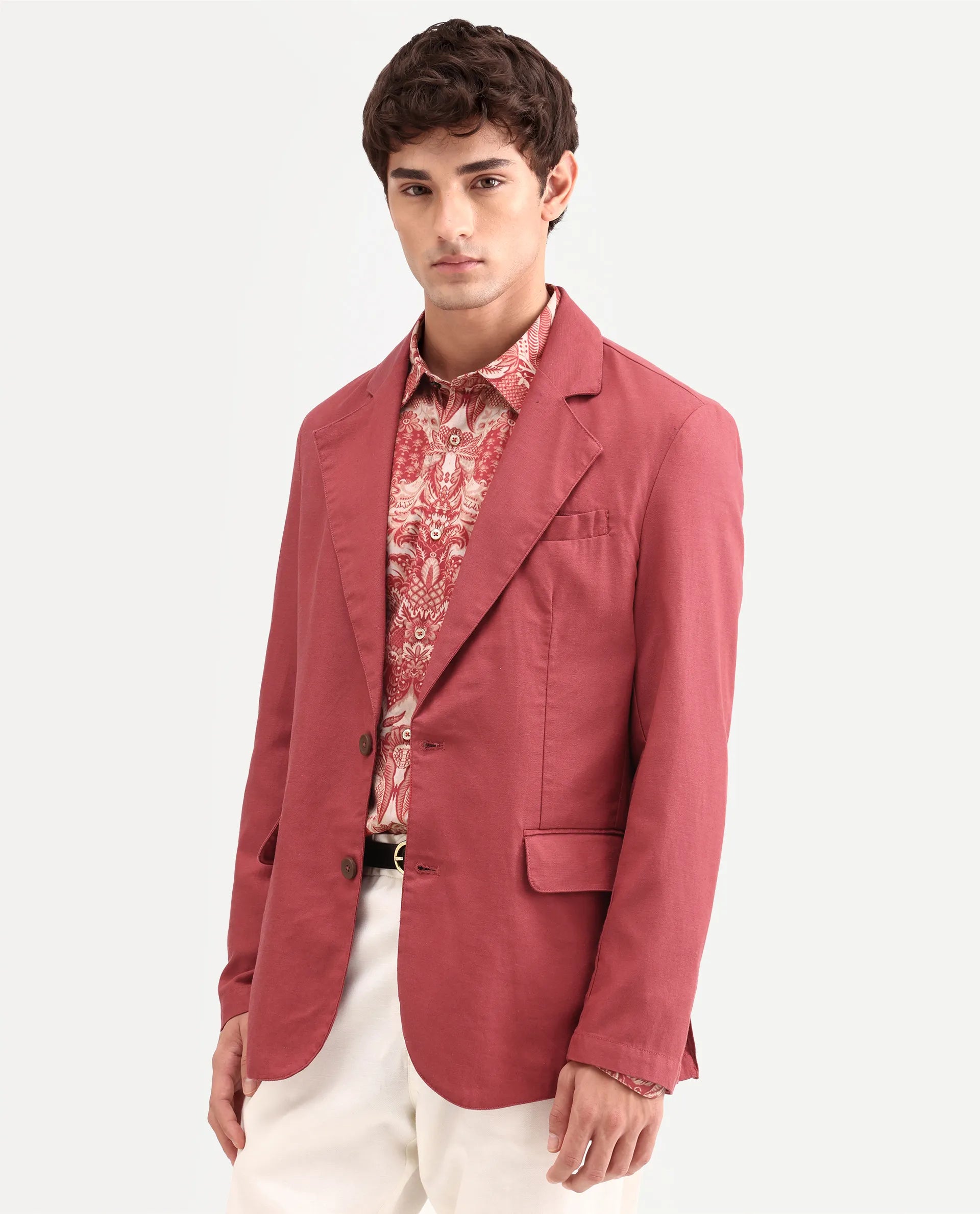 Rare Rabbit Men's Linol Red Linen Blend Fabric Lapel Neck Tailored Fit Plain Blazer