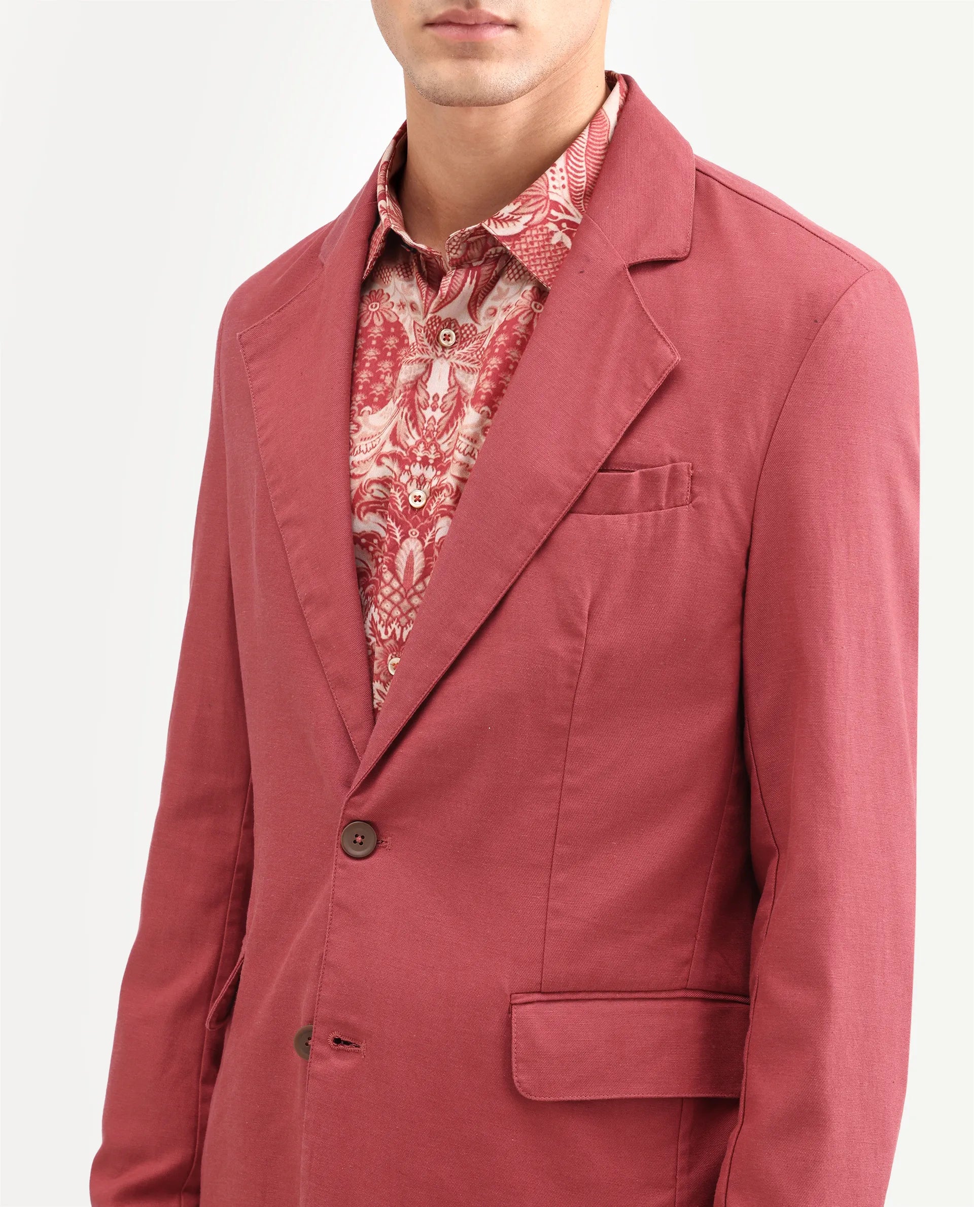 Rare Rabbit Men's Linol Red Linen Blend Fabric Lapel Neck Tailored Fit Plain Blazer