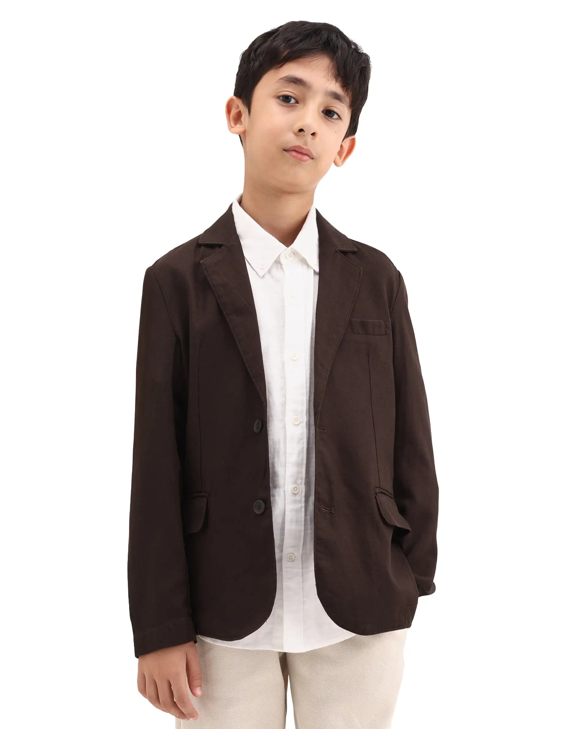 Rare Ones Kids Watson Dark Brown Linen Blend Solid Button Closure Tailored Fit Blazer