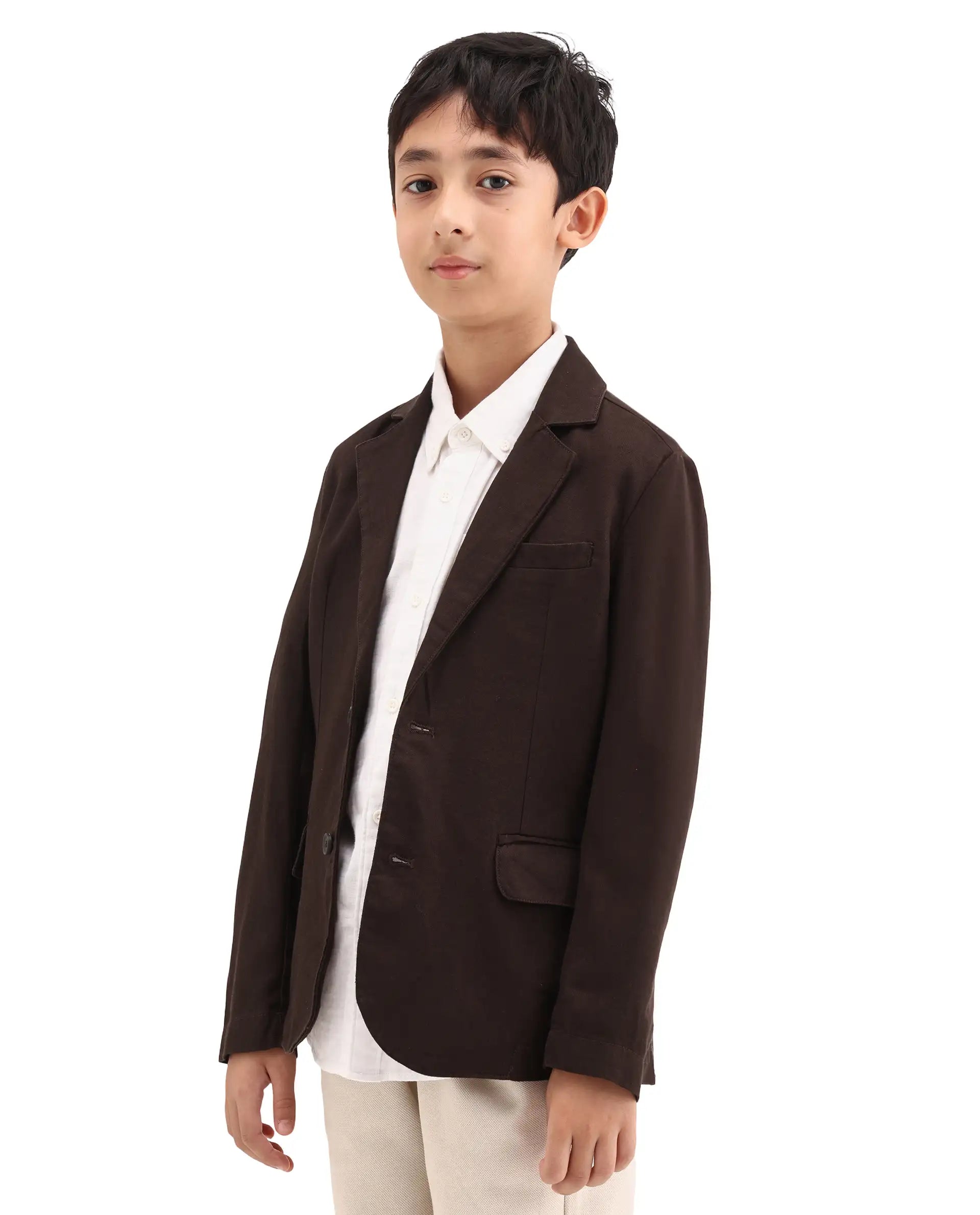 Rare Ones Kids Watson Dark Brown Linen Blend Solid Button Closure Tailored Fit Blazer