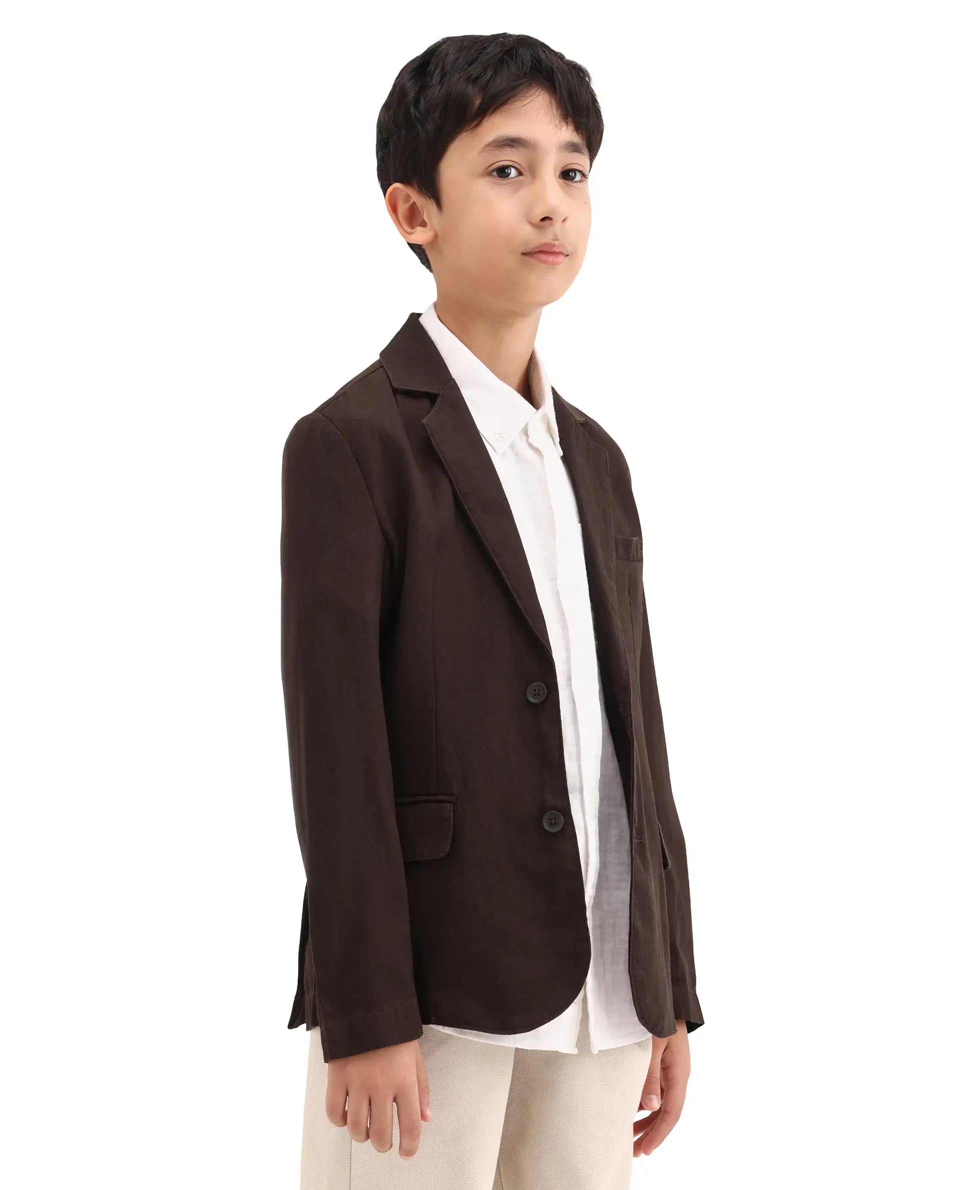 Rare Ones Kids Watson Dark Brown Linen Blend Solid Button Closure Tailored Fit Blazer