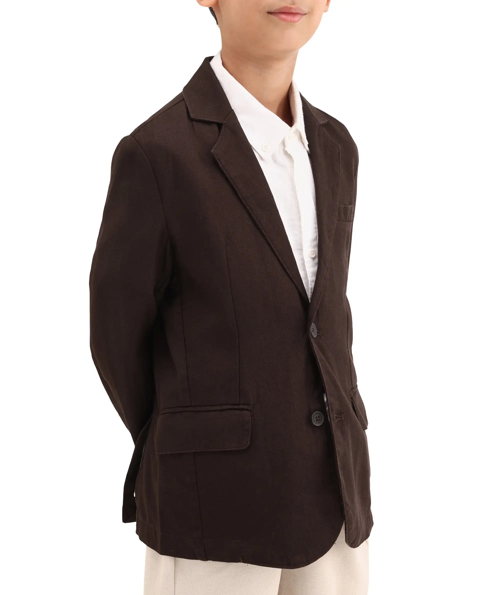 Rare Ones Kids Watson Dark Brown Linen Blend Solid Button Closure Tailored Fit Blazer
