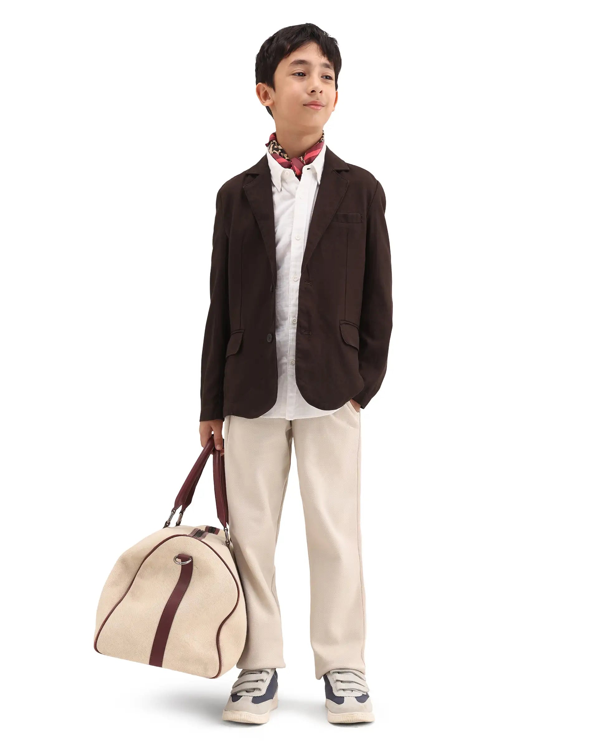 Rare Ones Kids Watson Dark Brown Linen Blend Solid Button Closure Tailored Fit Blazer