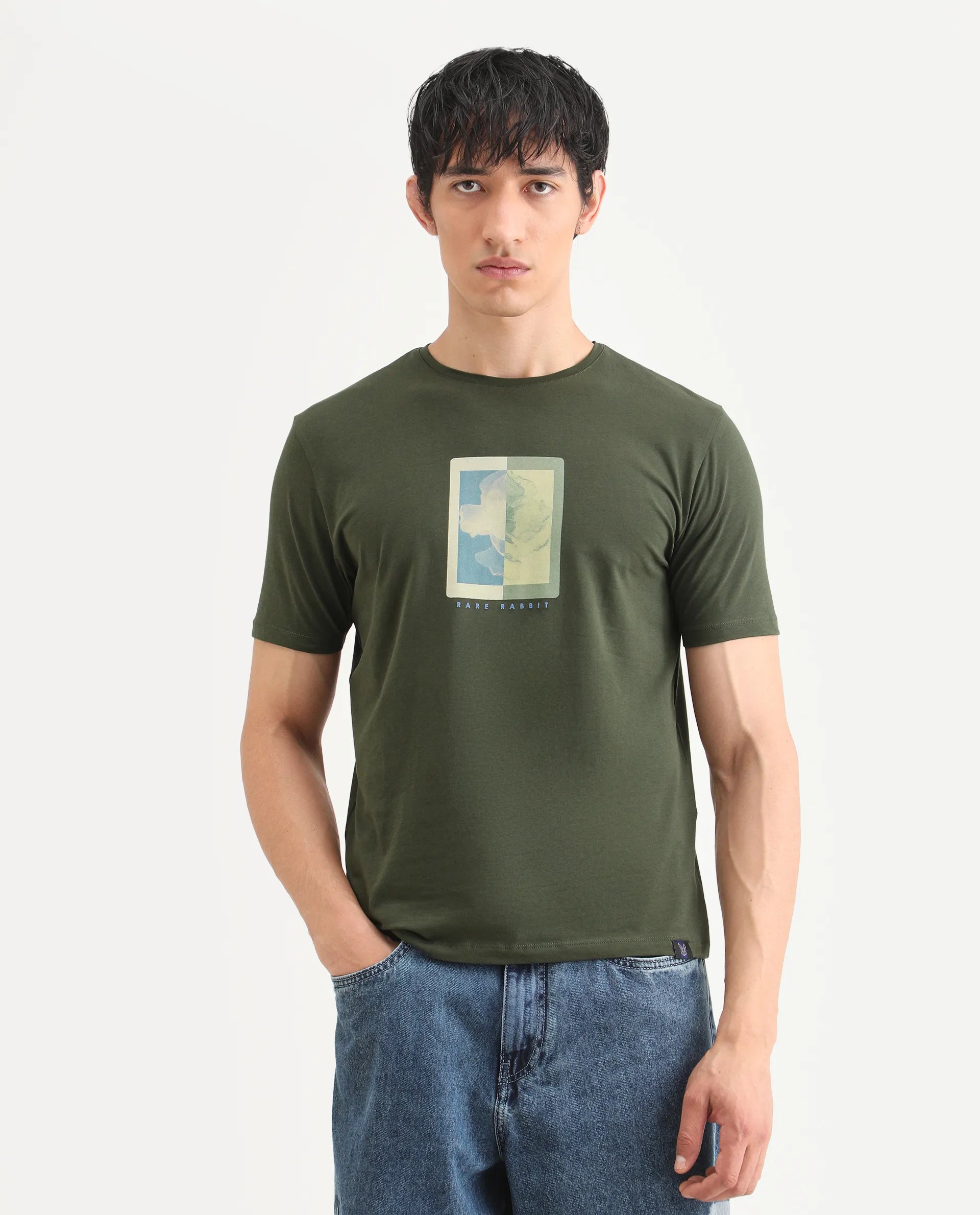 Rare Rabbit Men's Mok Olive Cotton Graphic Print Regular Fit Half Sleeve Crew Neck T-Shirt