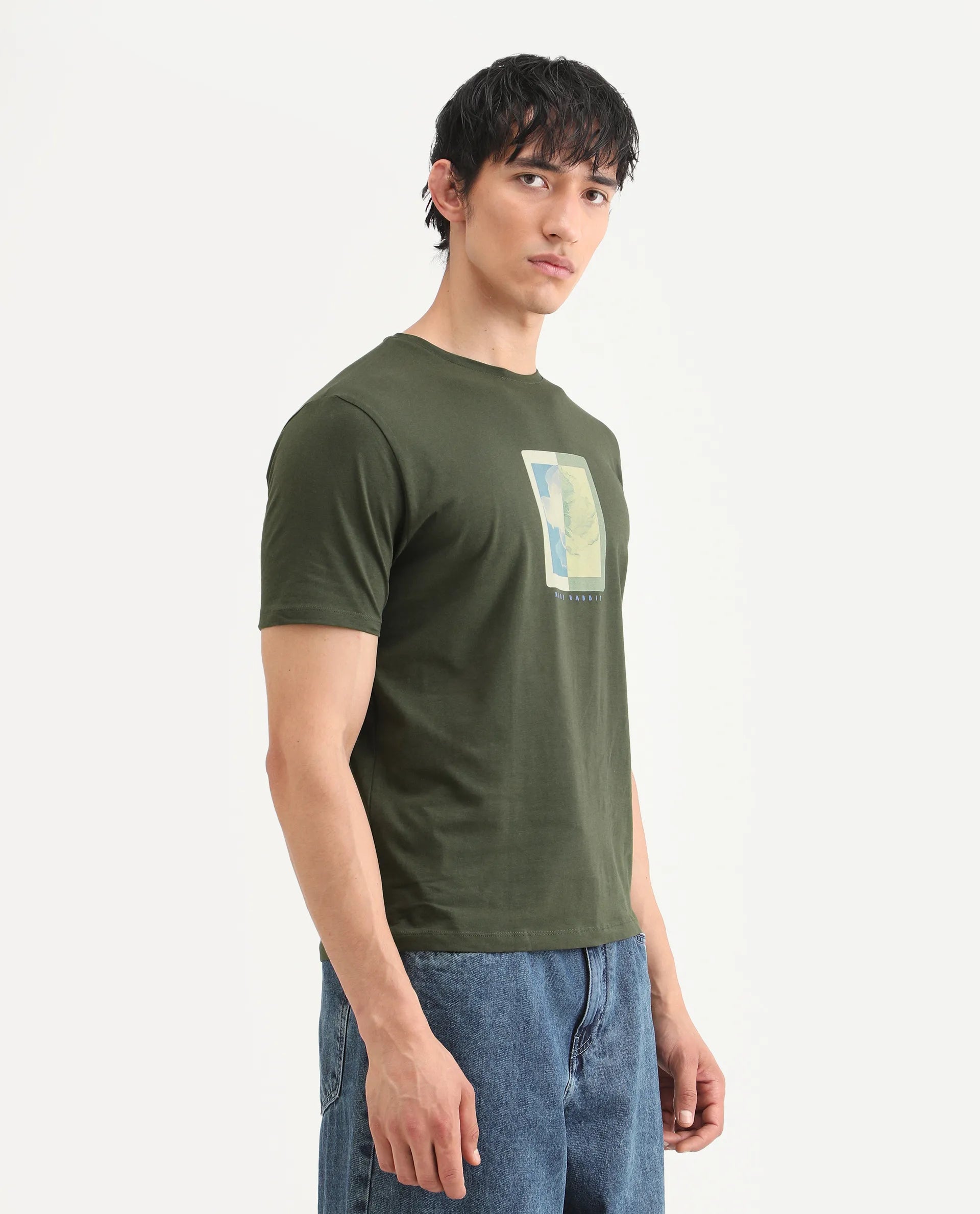 Rare Rabbit Men's Mok Olive Cotton Graphic Print Regular Fit Half Sleeve Crew Neck T-Shirt