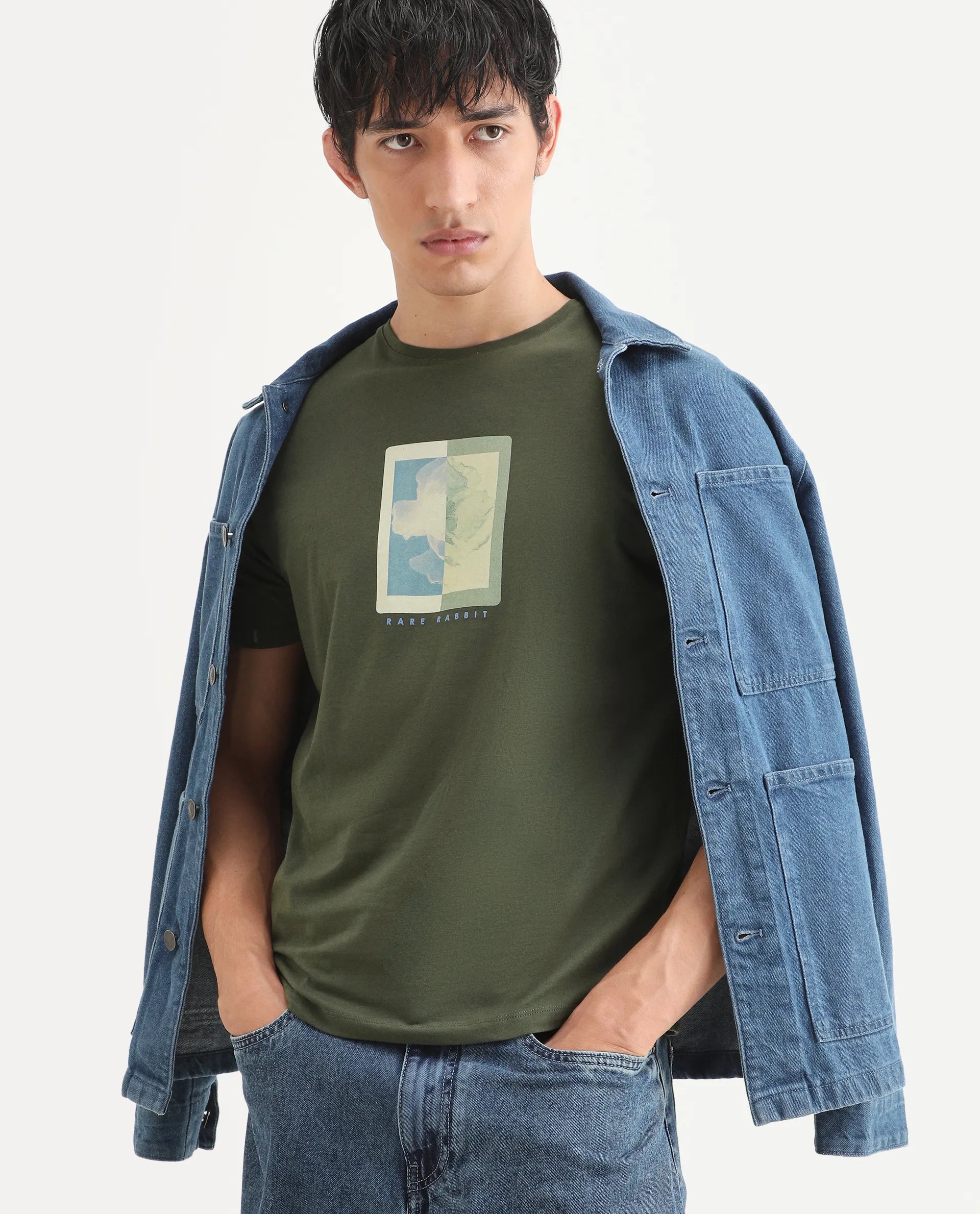 Rare Rabbit Men's Mok Olive Cotton Graphic Print Regular Fit Half Sleeve Crew Neck T-Shirt