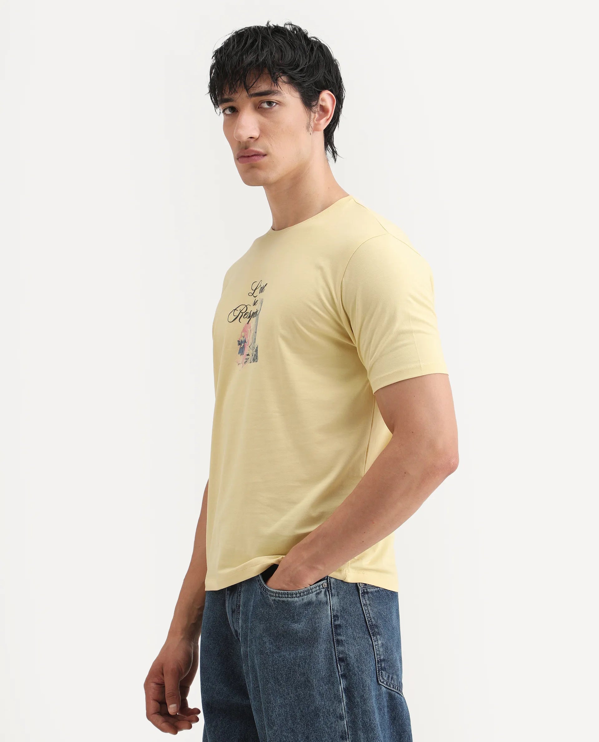 Rare Rabbit Men's Var Yellow Cotton Graphic Print Regular Fit Half Sleeve Crew Neck T-Shirt