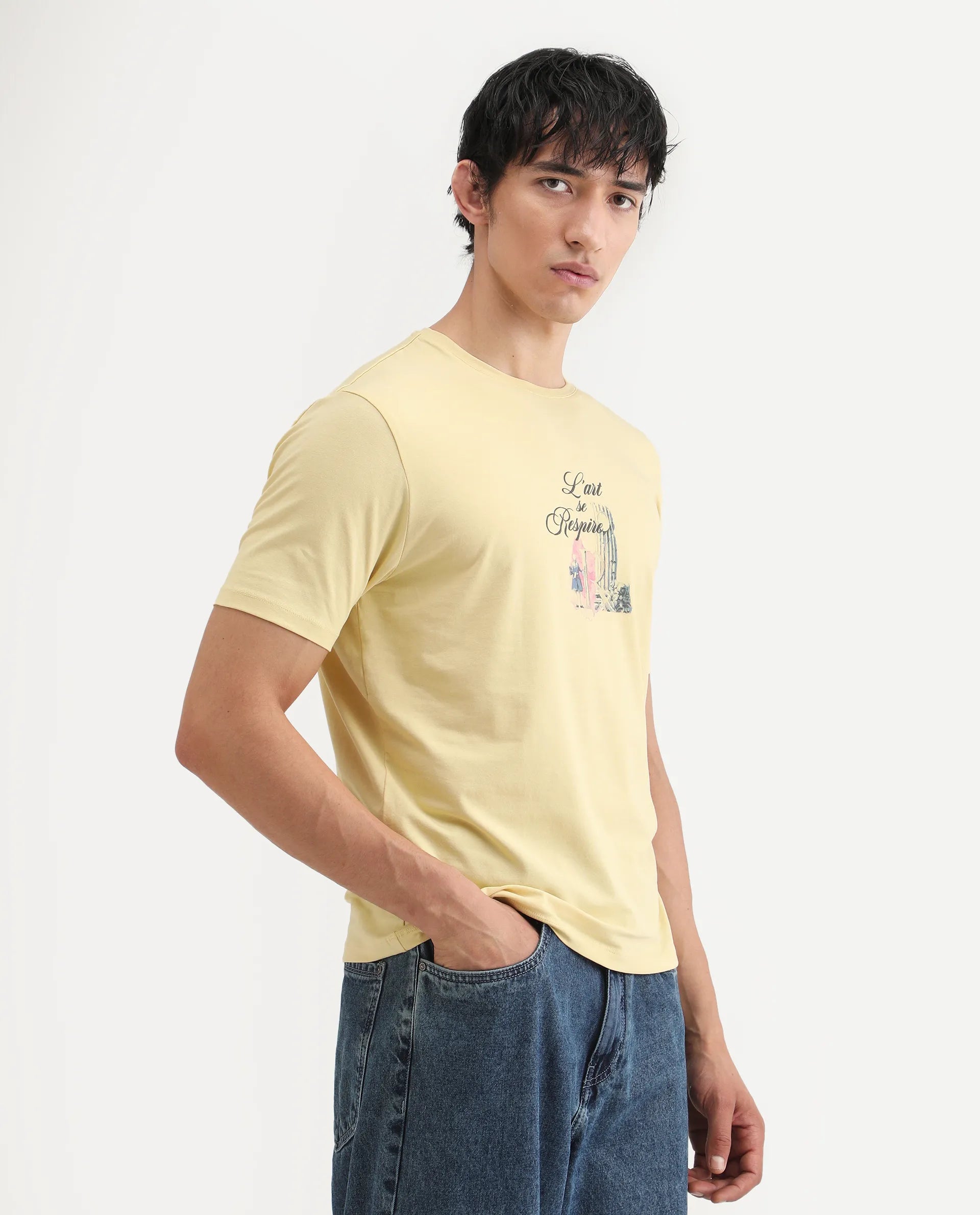 Rare Rabbit Men's Var Yellow Cotton Graphic Print Regular Fit Half Sleeve Crew Neck T-Shirt