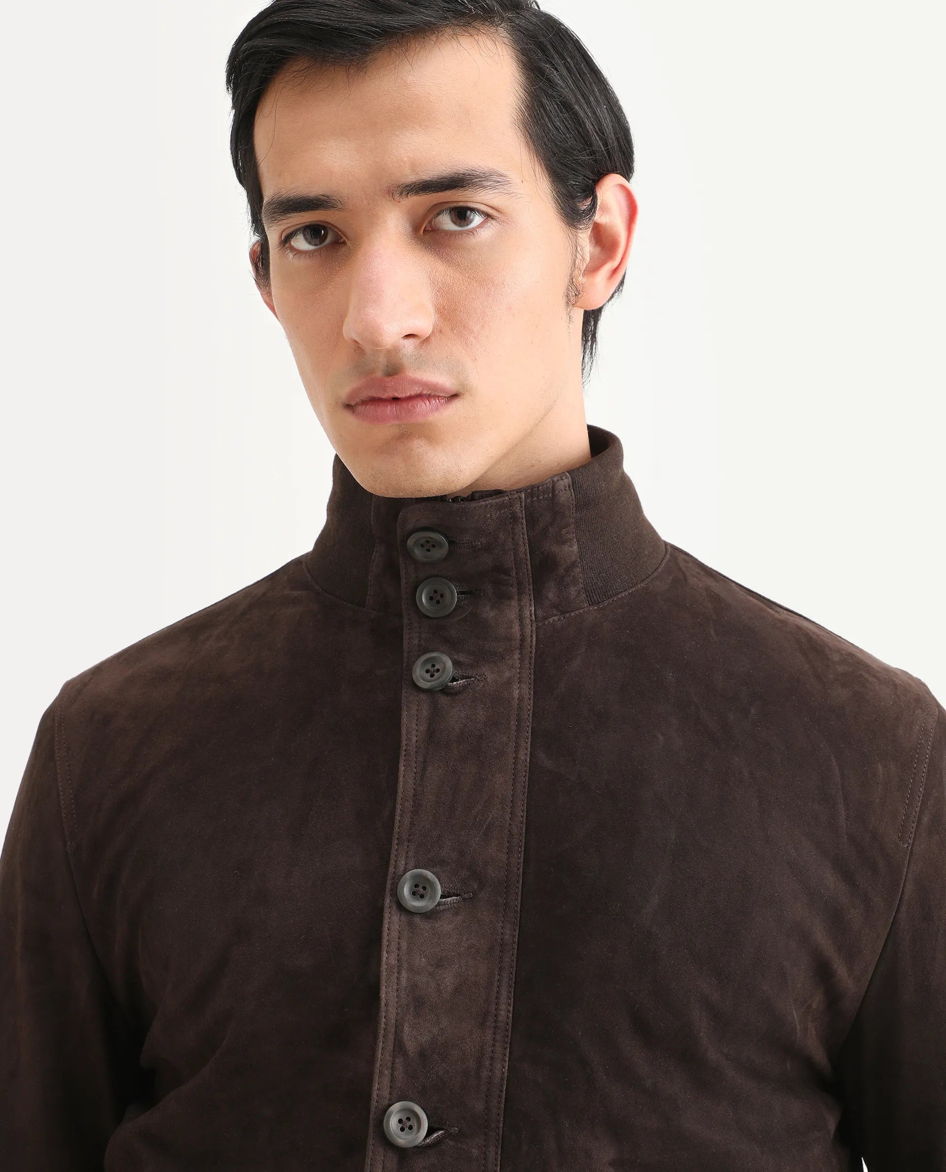 Rare Rabbit Men's Byron Brown Leather Fabric High Neck Ribbed Collar Regular Fit Plain Jacket