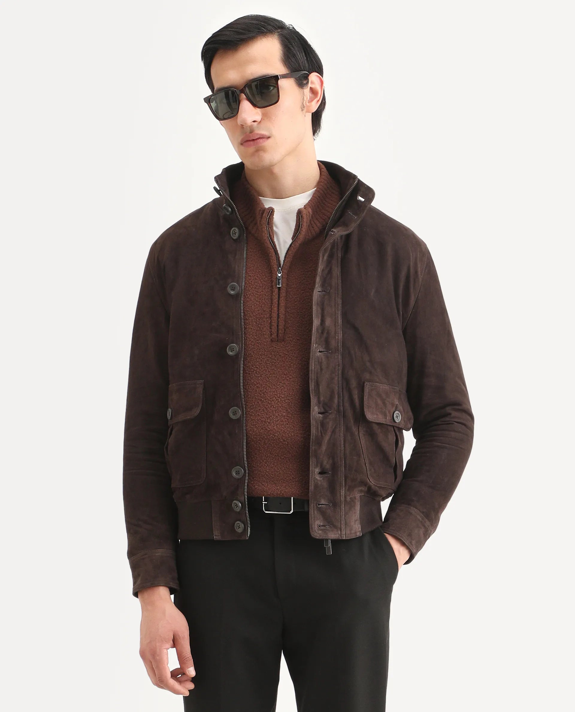 Rare Rabbit Men's Byron Brown Leather Fabric High Neck Ribbed Collar Regular Fit Plain Jacket