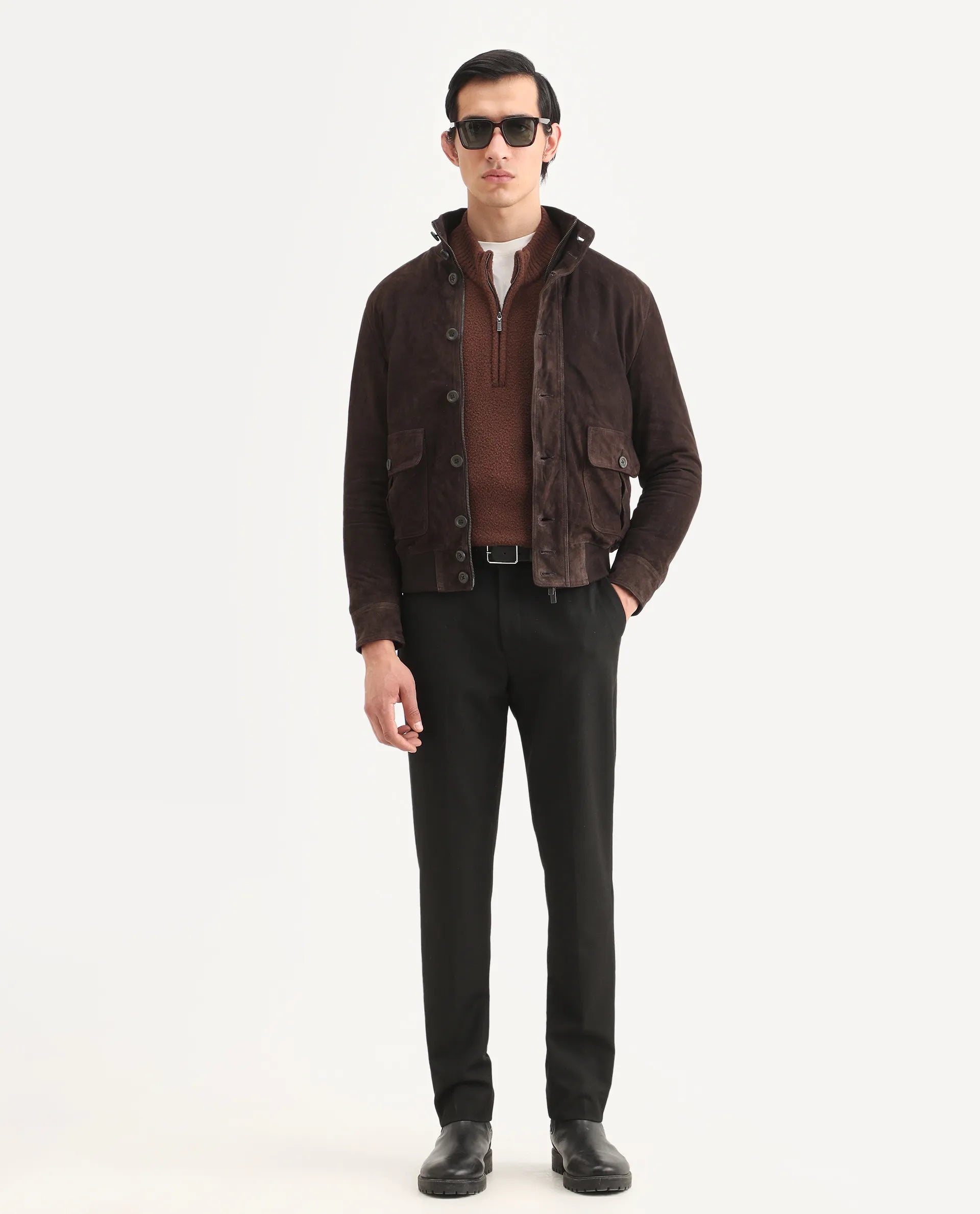 Rare Rabbit Men's Byron Brown Leather Fabric High Neck Ribbed Collar Regular Fit Plain Jacket