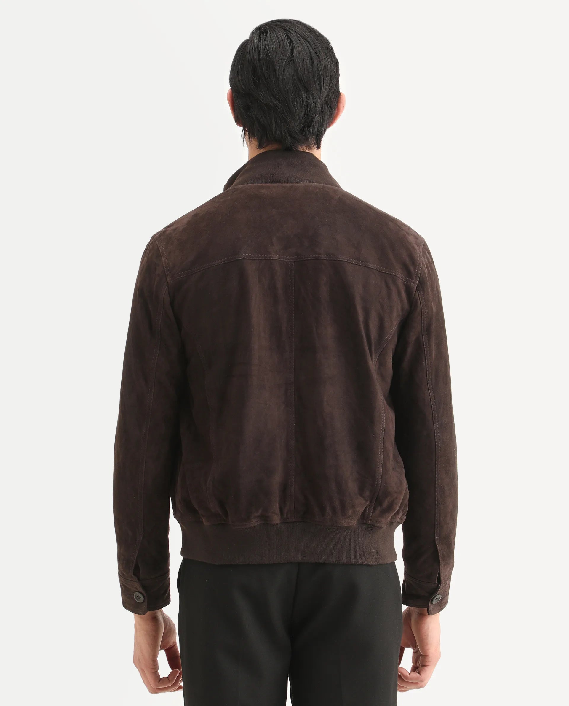 Rare Rabbit Men's Byron Brown Leather Fabric High Neck Ribbed Collar Regular Fit Plain Jacket