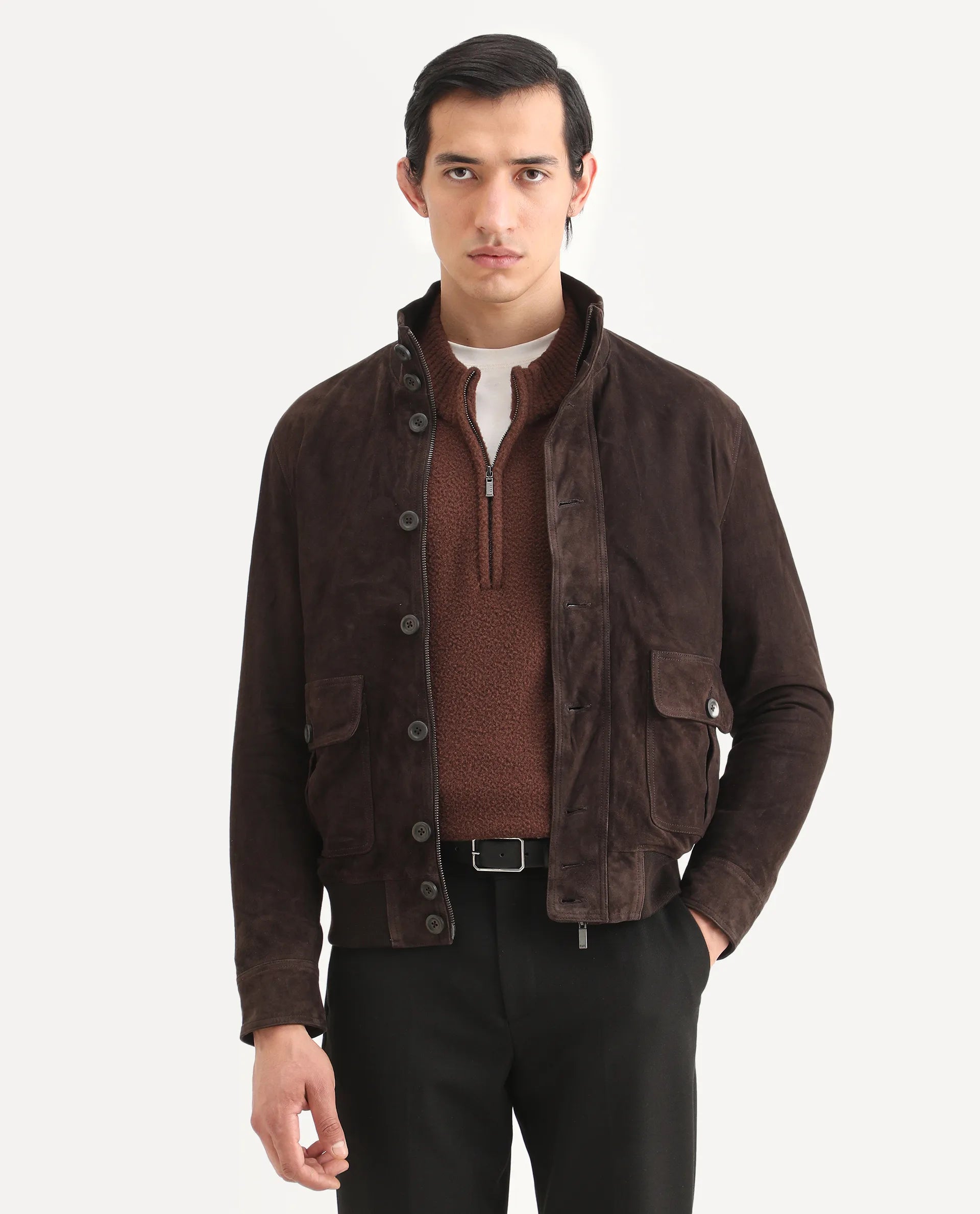 Rare Rabbit Men's Byron Brown Leather Fabric High Neck Ribbed Collar Regular Fit Plain Jacket