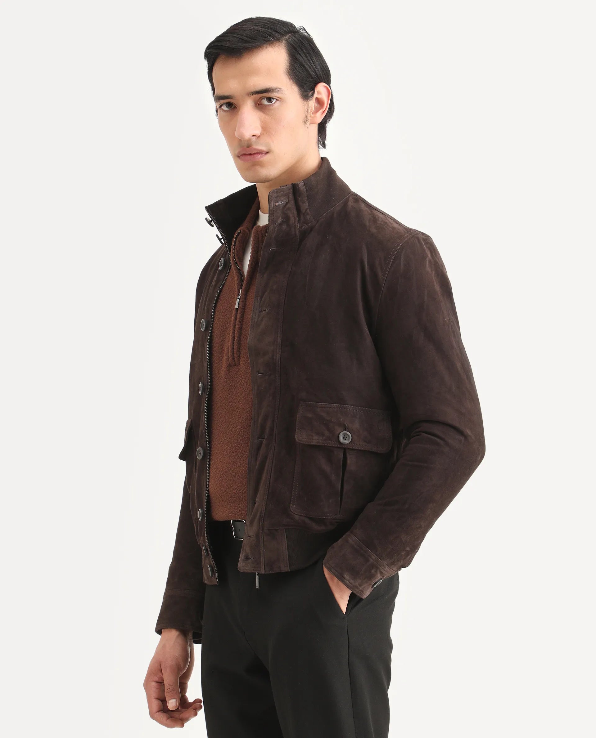 Rare Rabbit Men's Byron Brown Leather Fabric High Neck Ribbed Collar Regular Fit Plain Jacket