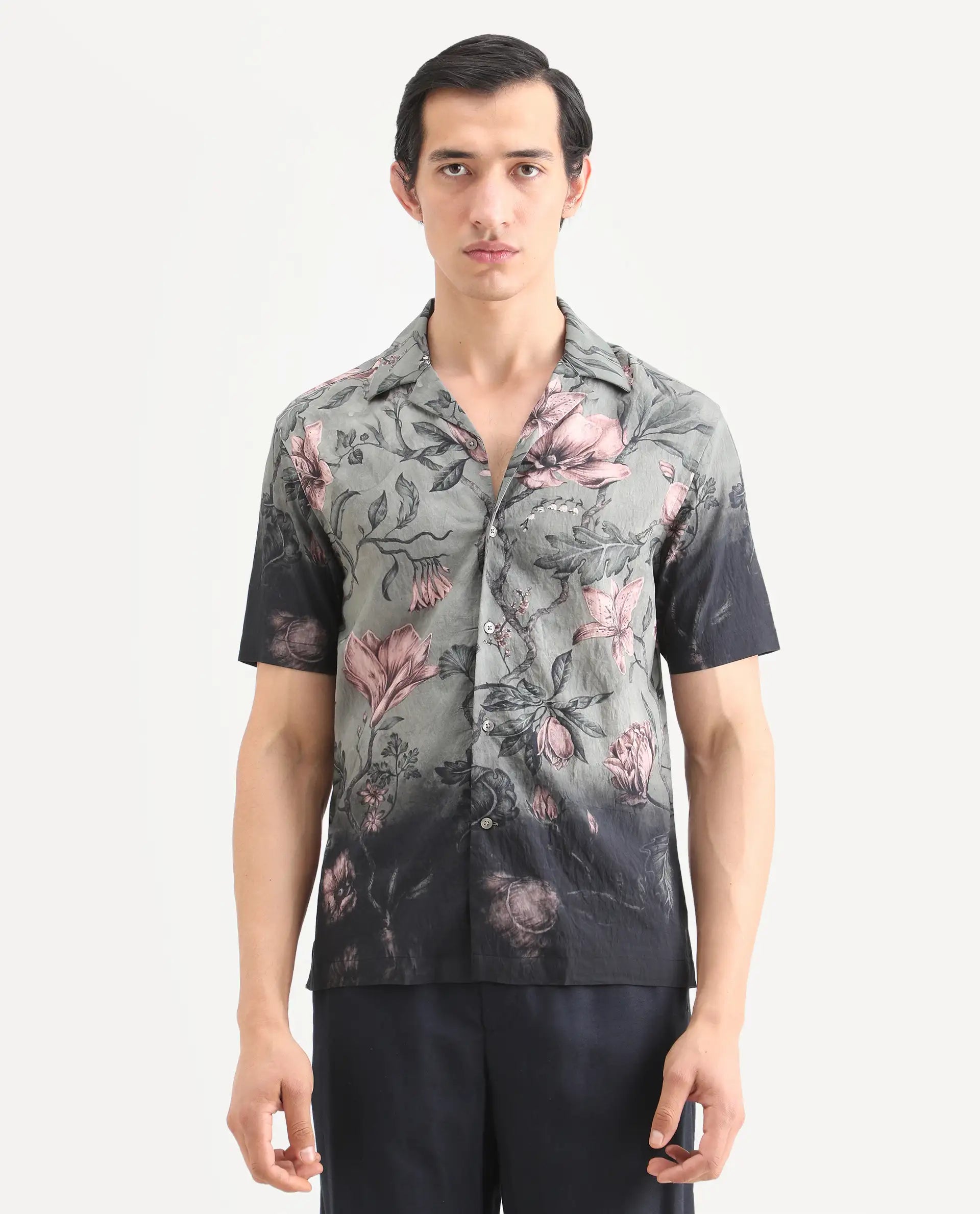 Rare Rabbit Men's Litor Dusky Green Viscose Blend Floral Print Relaxed Fit Half Sleeve Cuban Collar Shirt