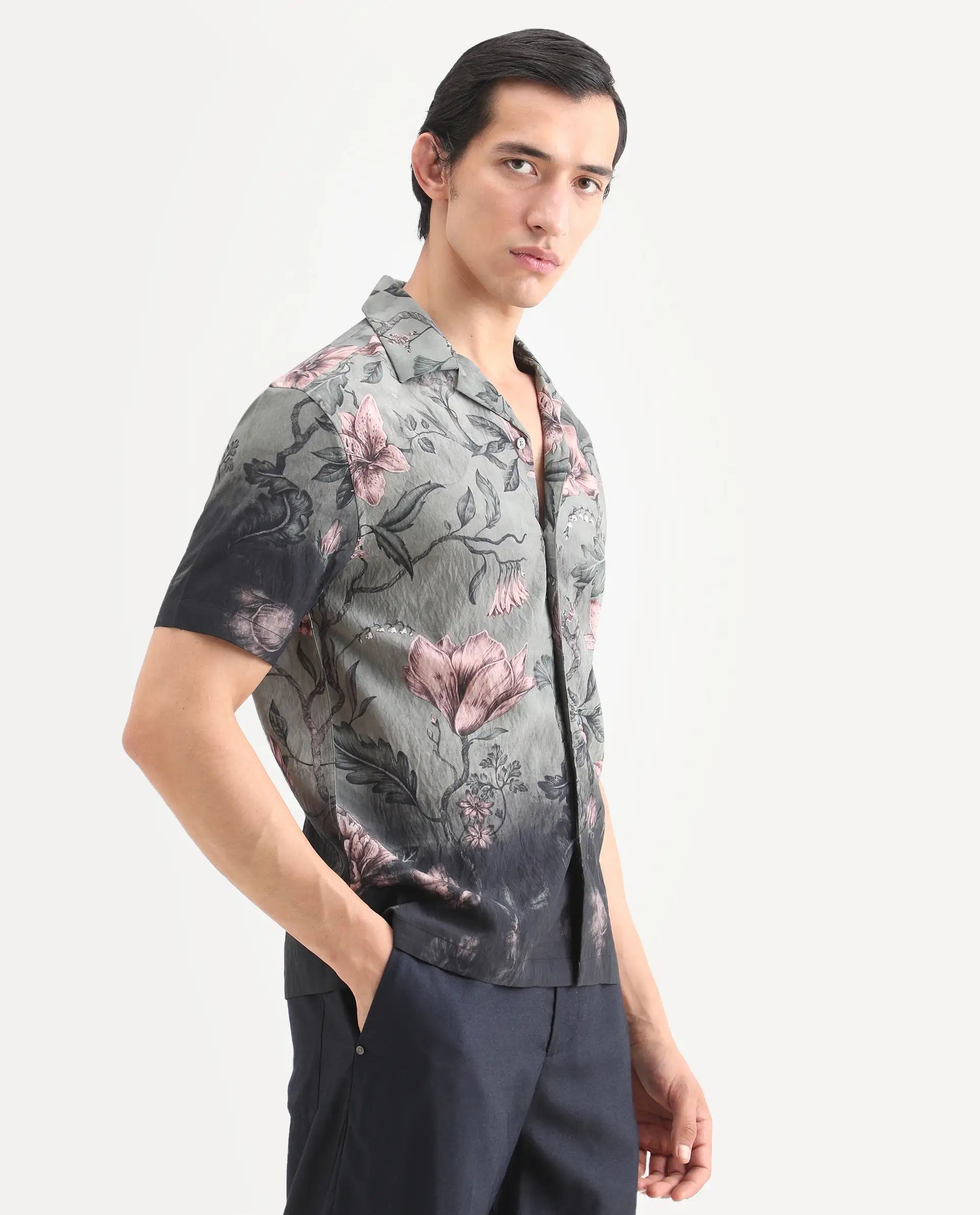 Rare Rabbit Men's Litor Dusky Green Viscose Blend Floral Print Relaxed Fit Half Sleeve Cuban Collar Shirt