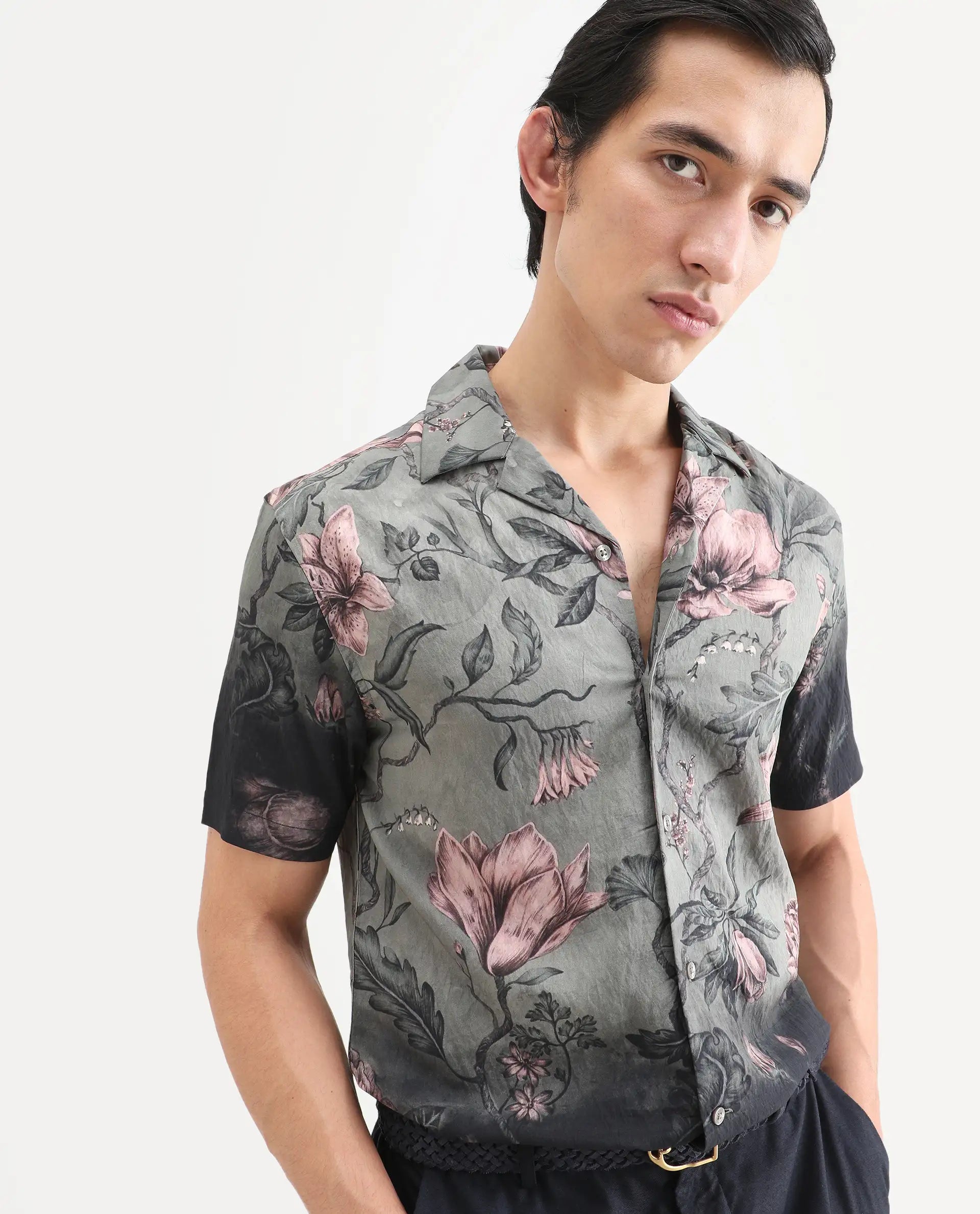 Rare Rabbit Men's Litor Dusky Green Viscose Blend Floral Print Relaxed Fit Half Sleeve Cuban Collar Shirt