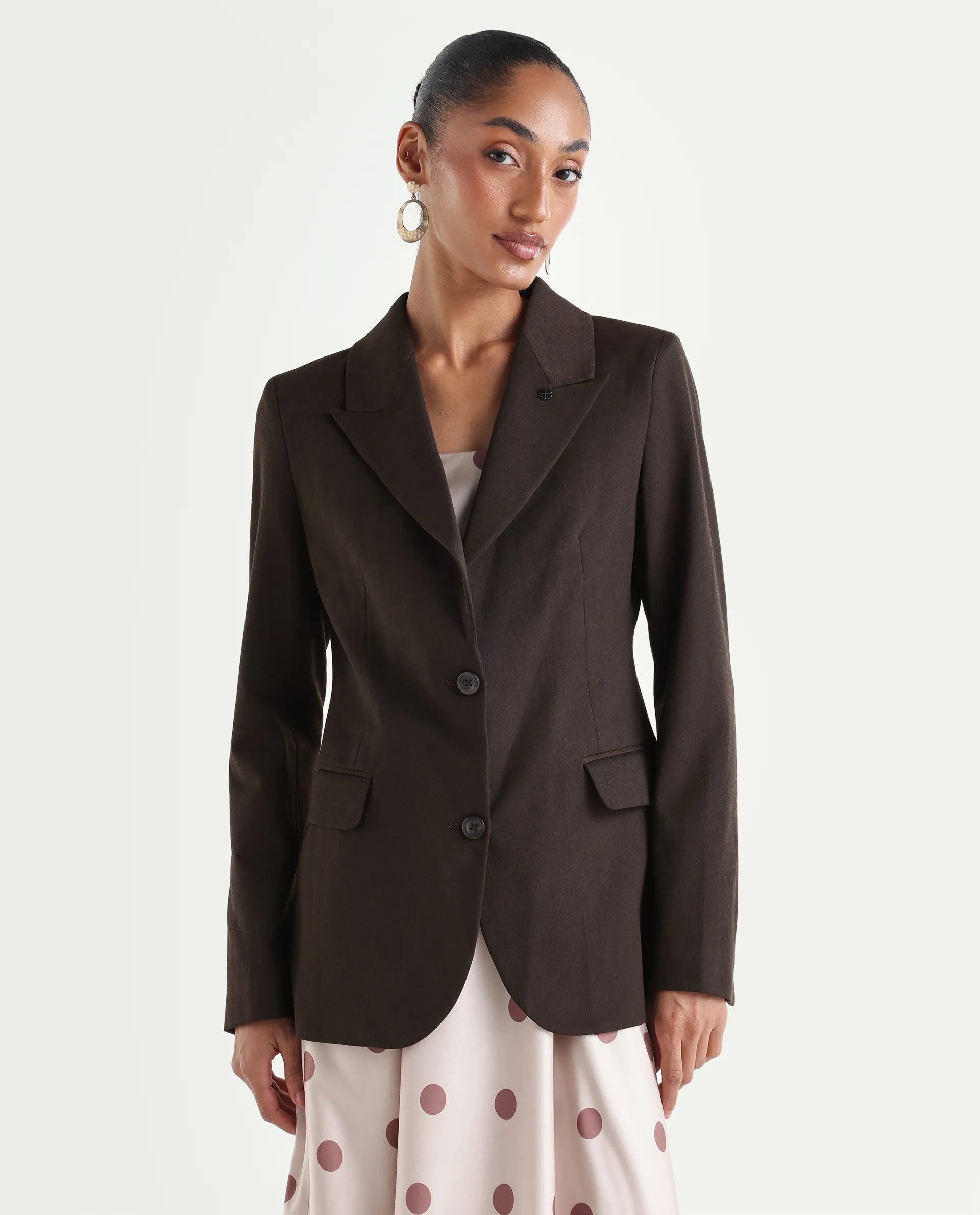Rareism Women's Reca Dark Brown Polyester Blend Fabric Full Sleeve Lapel Collar Plain Blazer