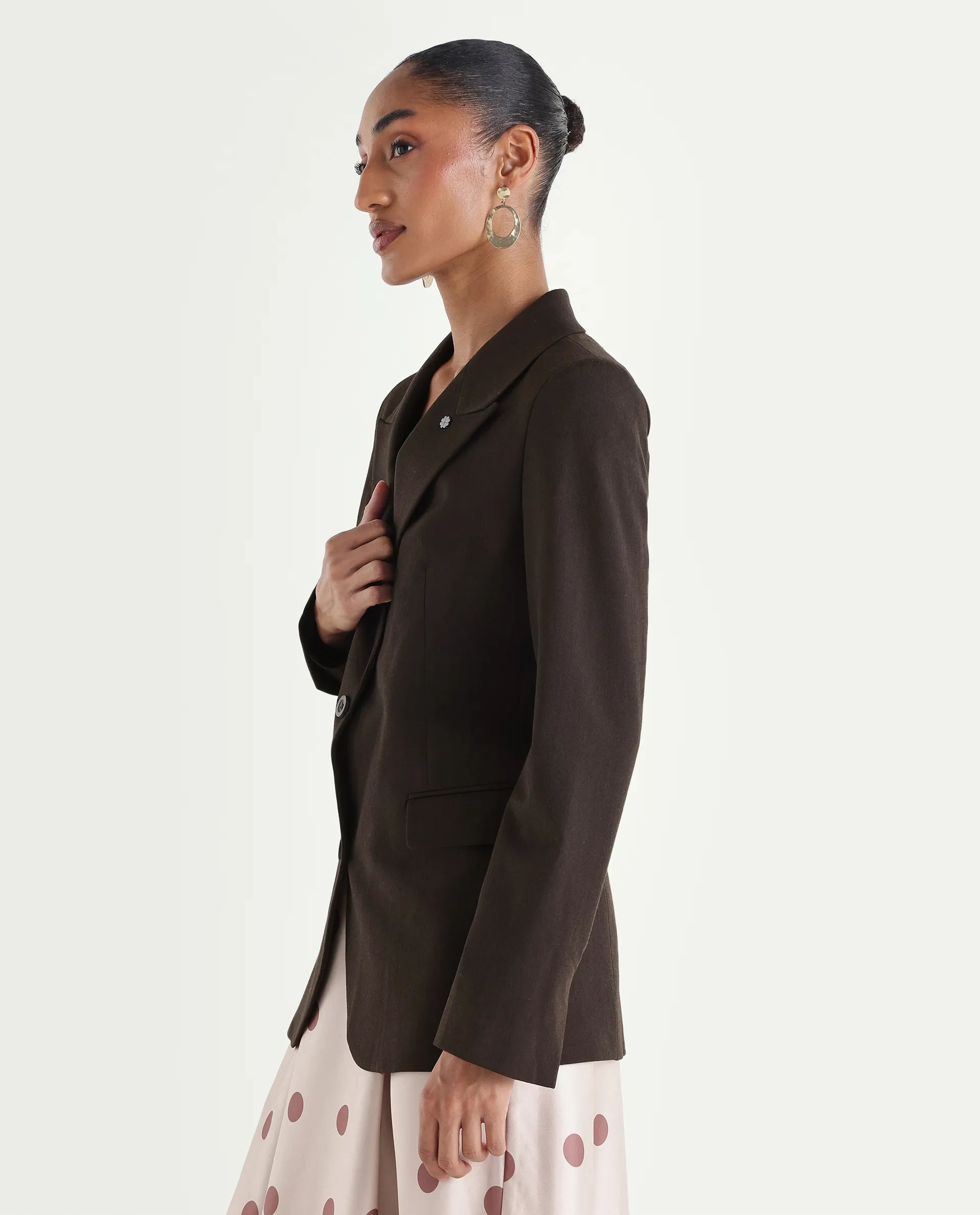 Rareism Women's Reca Dark Brown Polyester Blend Fabric Full Sleeve Lapel Collar Plain Blazer