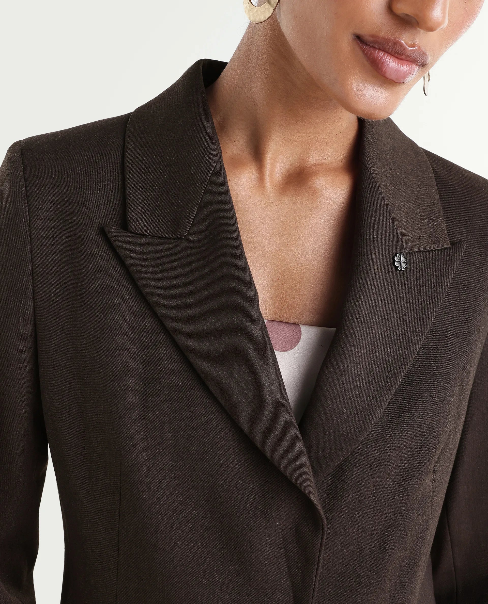 Rareism Women's Reca Dark Brown Polyester Blend Fabric Full Sleeve Lapel Collar Plain Blazer