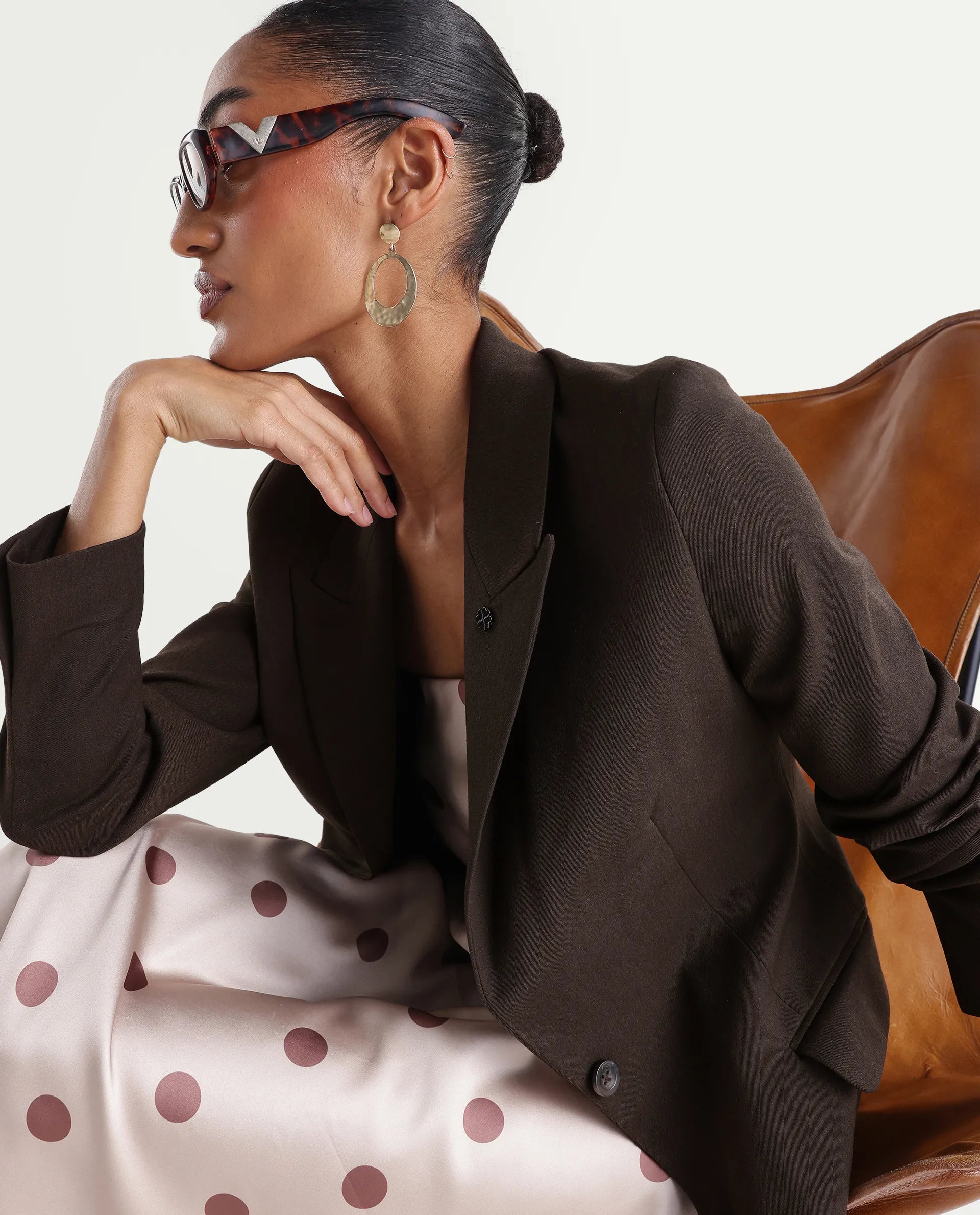 Rareism Women's Reca Dark Brown Polyester Blend Fabric Full Sleeve Lapel Collar Plain Blazer