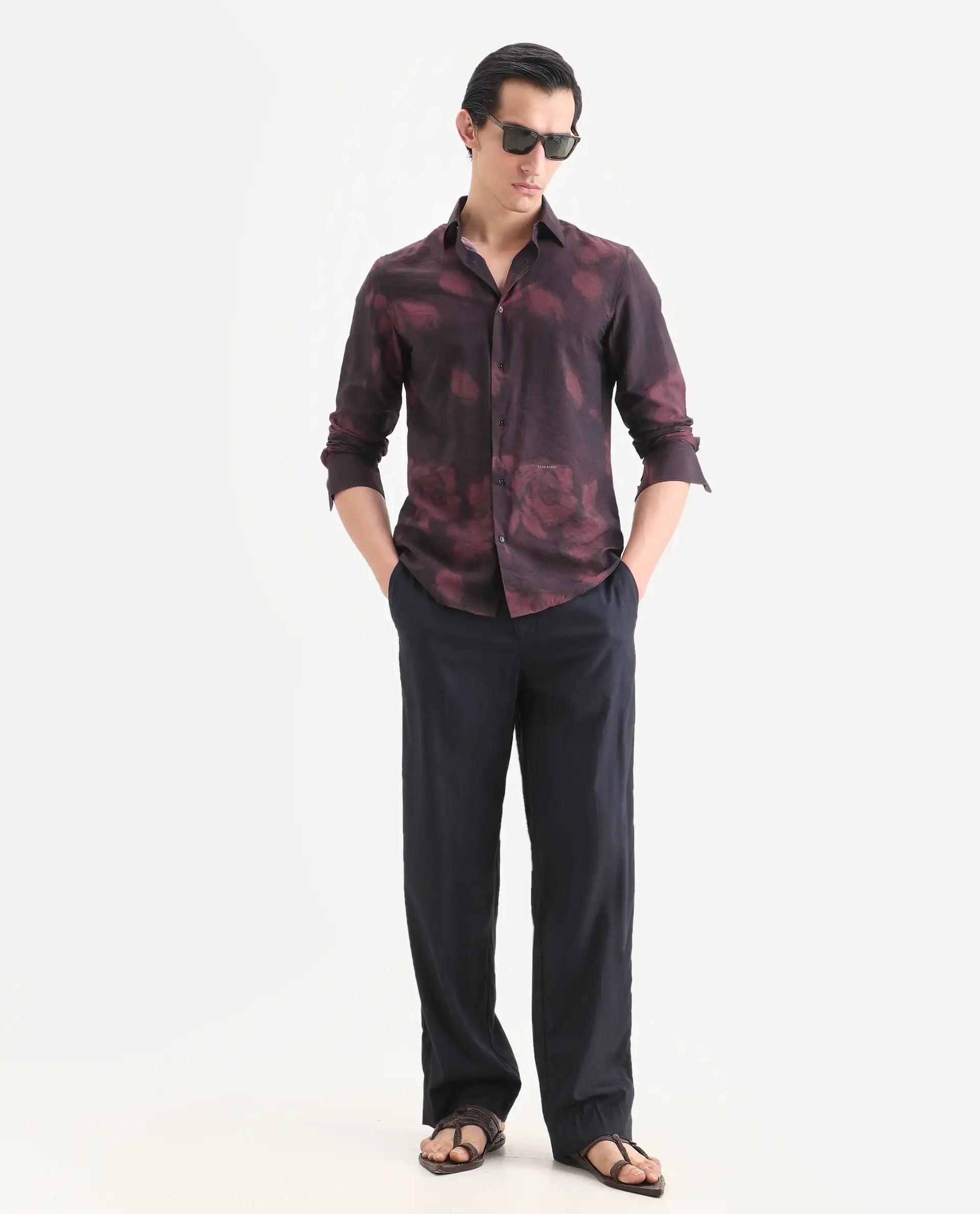 Rare Rabbit Men's Zena Maroon Viscose Blend Fabric Collared Neck Regular Printed Shirt