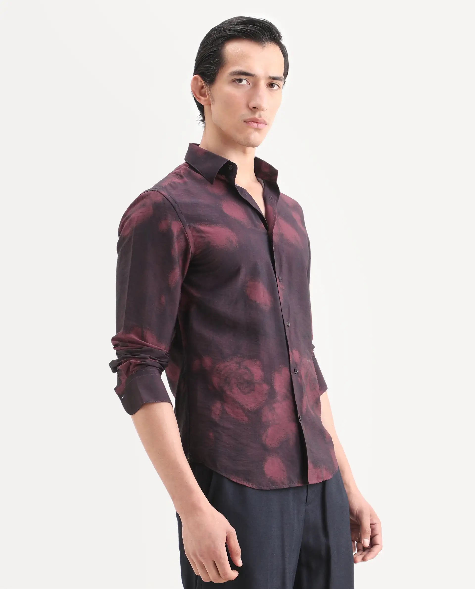 Rare Rabbit Men's Zena Maroon Viscose Blend Fabric Collared Neck Regular Printed Shirt