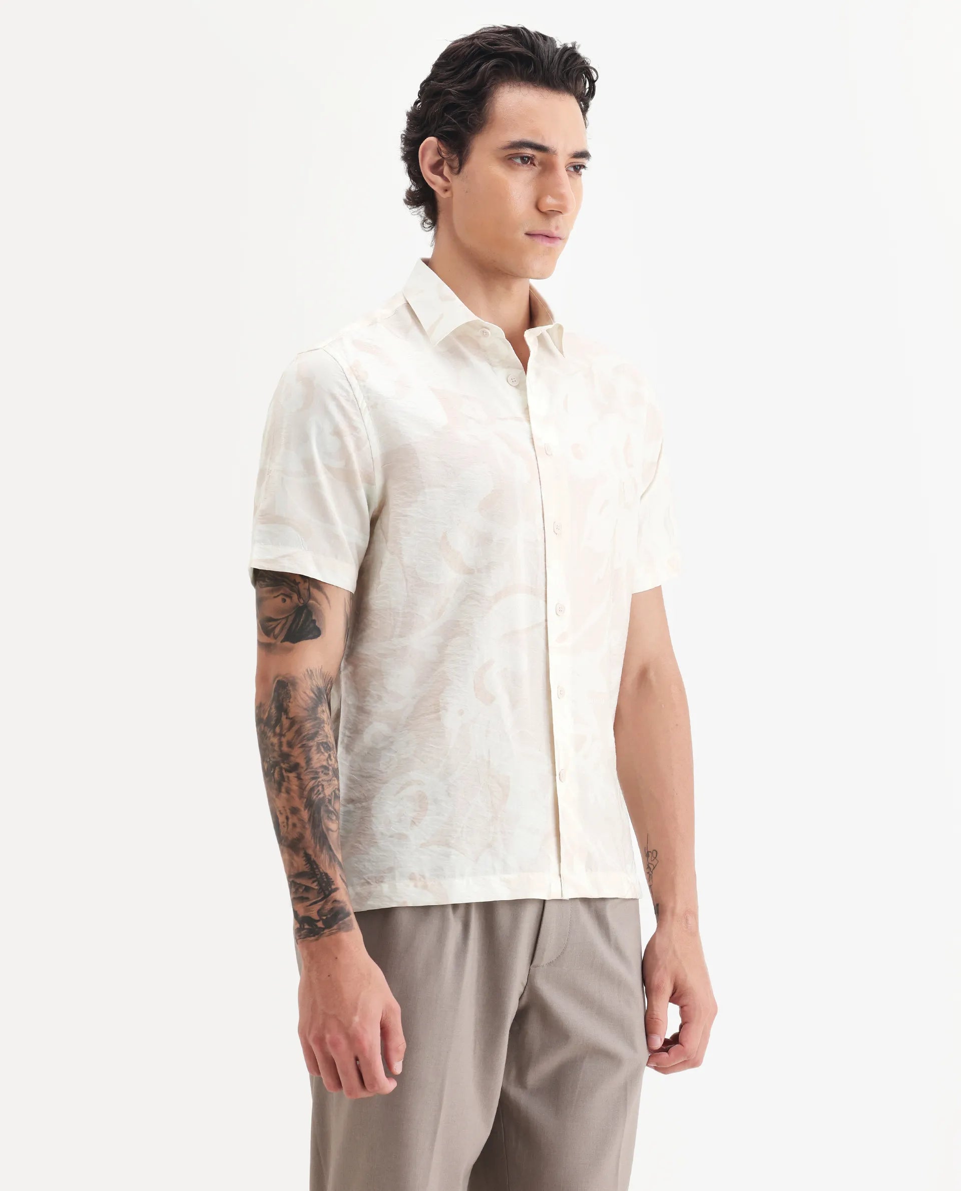 Rare Rabbit Men's Lego Off White Viscose Abstract Print Boxy Fit Half Sleeve Collared Shirt
