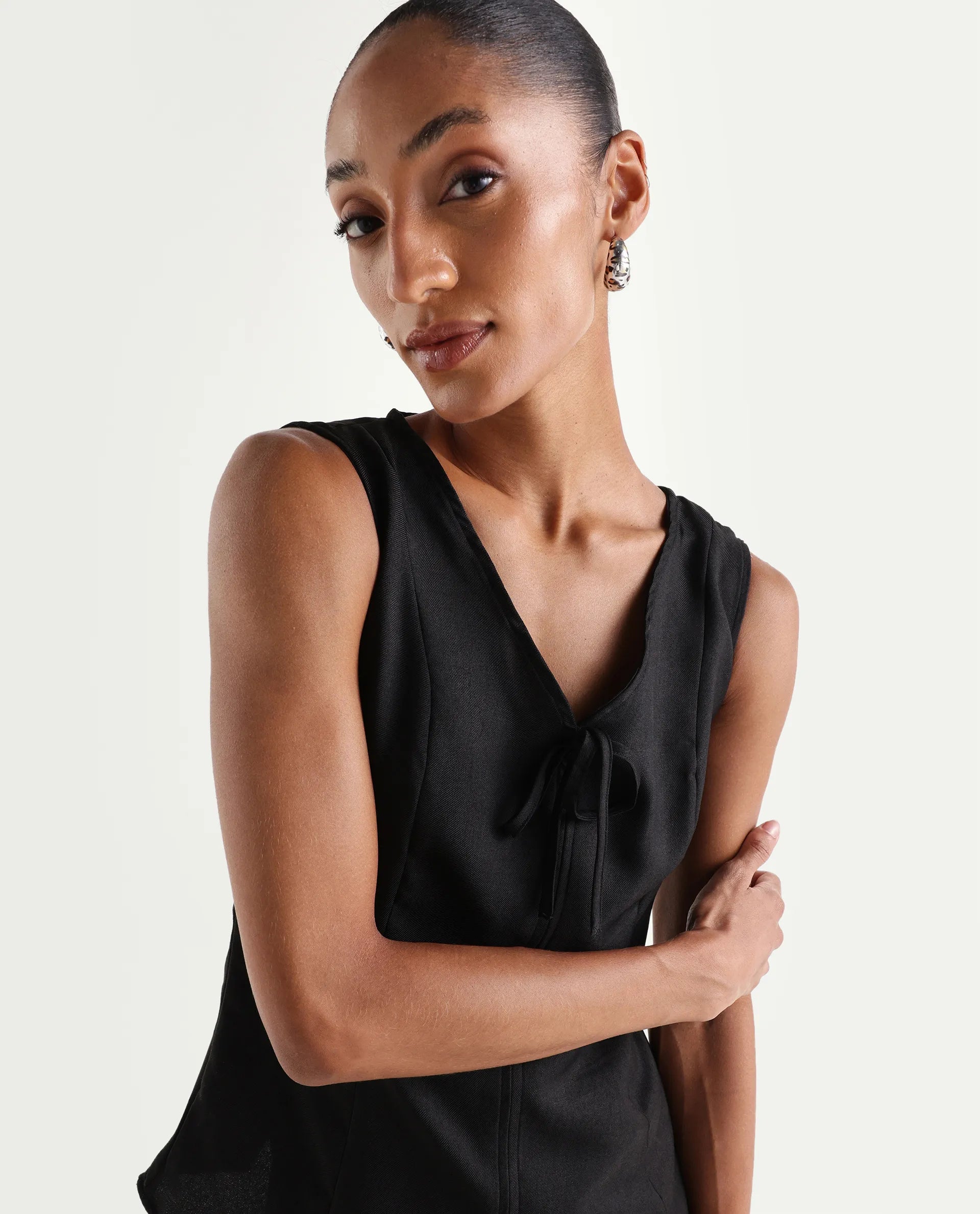 Rareism Women's Valton Black Polyester Sleeveless Regular Fit Plain Top