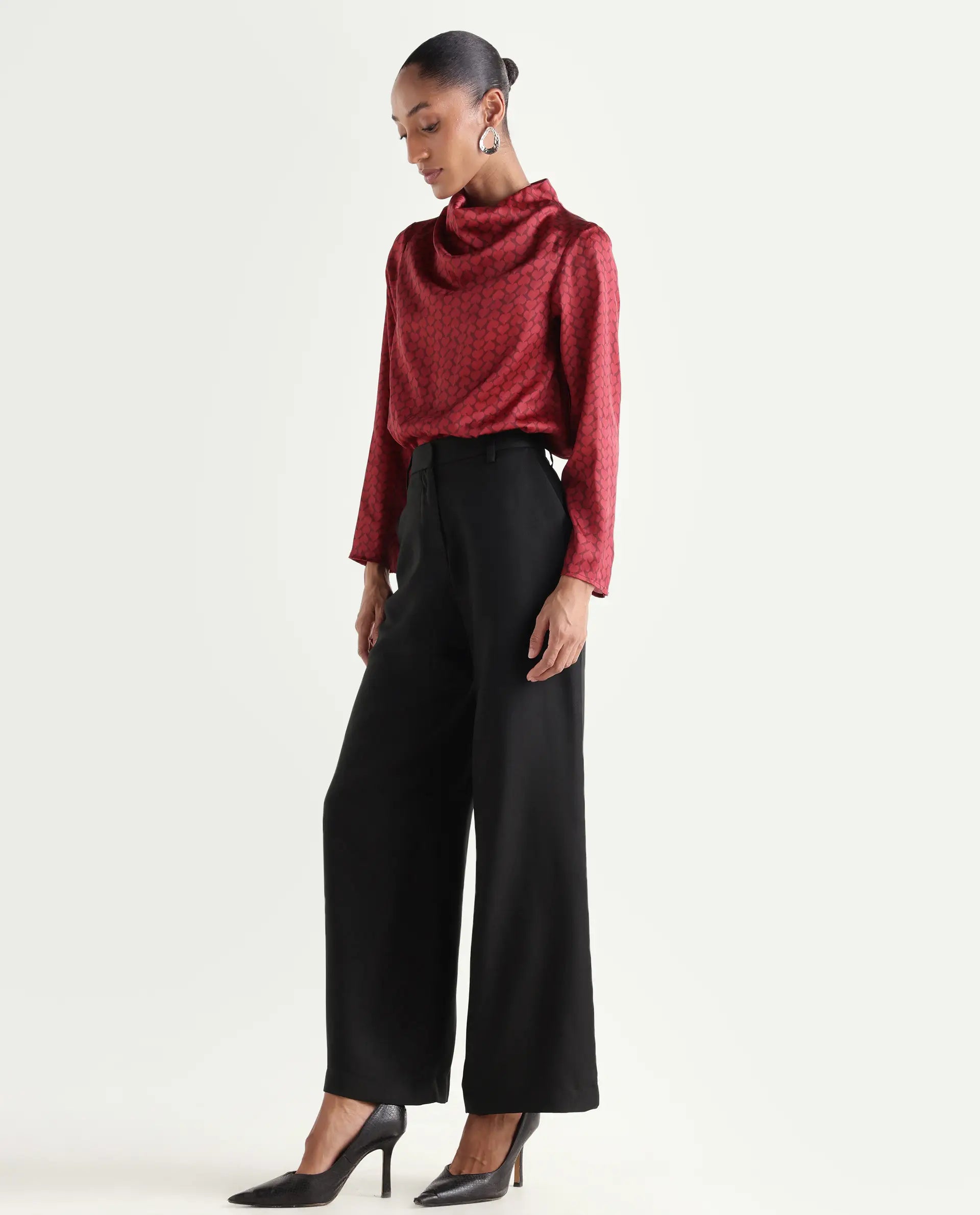 Rareism Women's Vrait Black Polyester Straight Plain Trouser