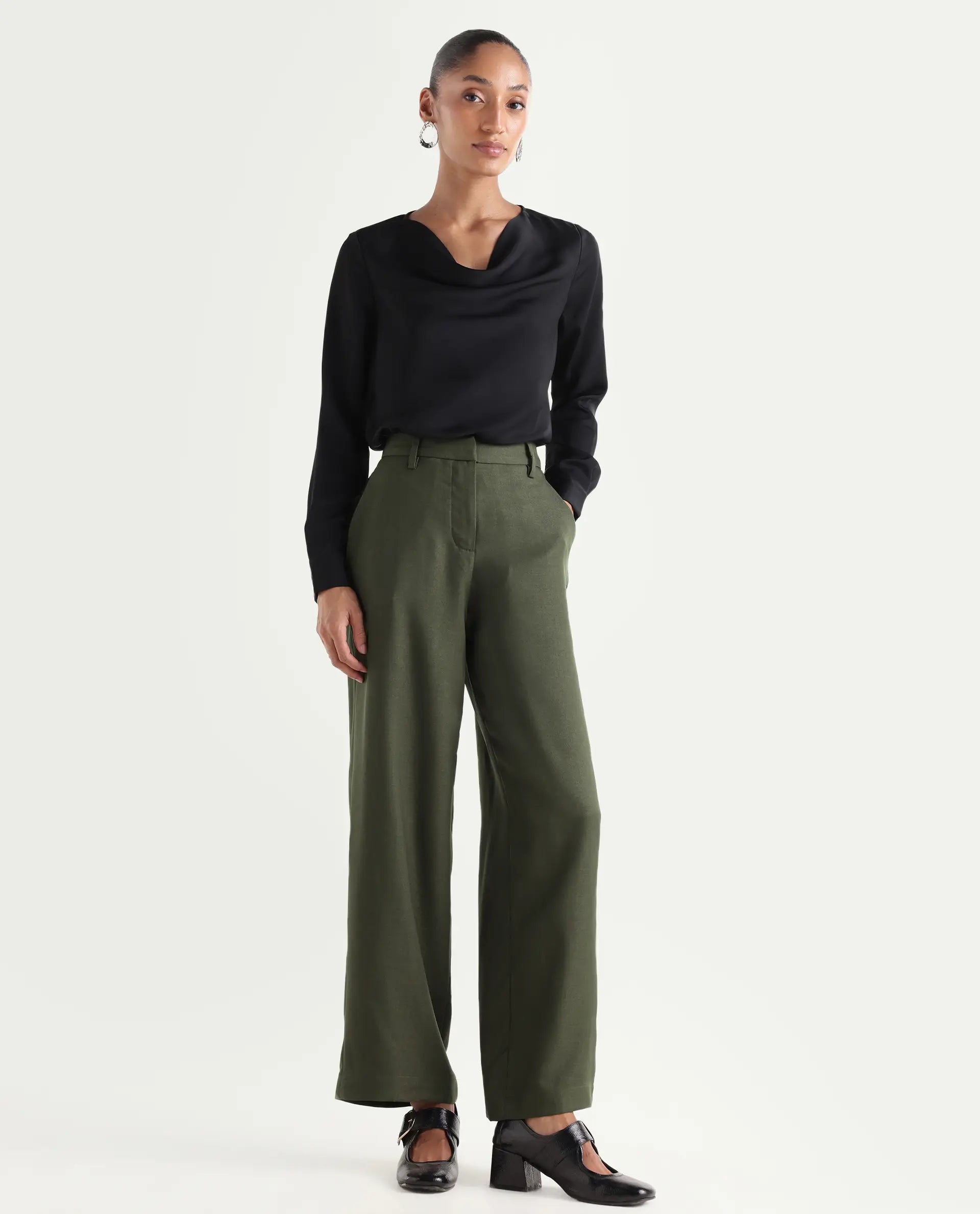 Rareism Women's Vrait Olive Polyester Straight Plain Trouser