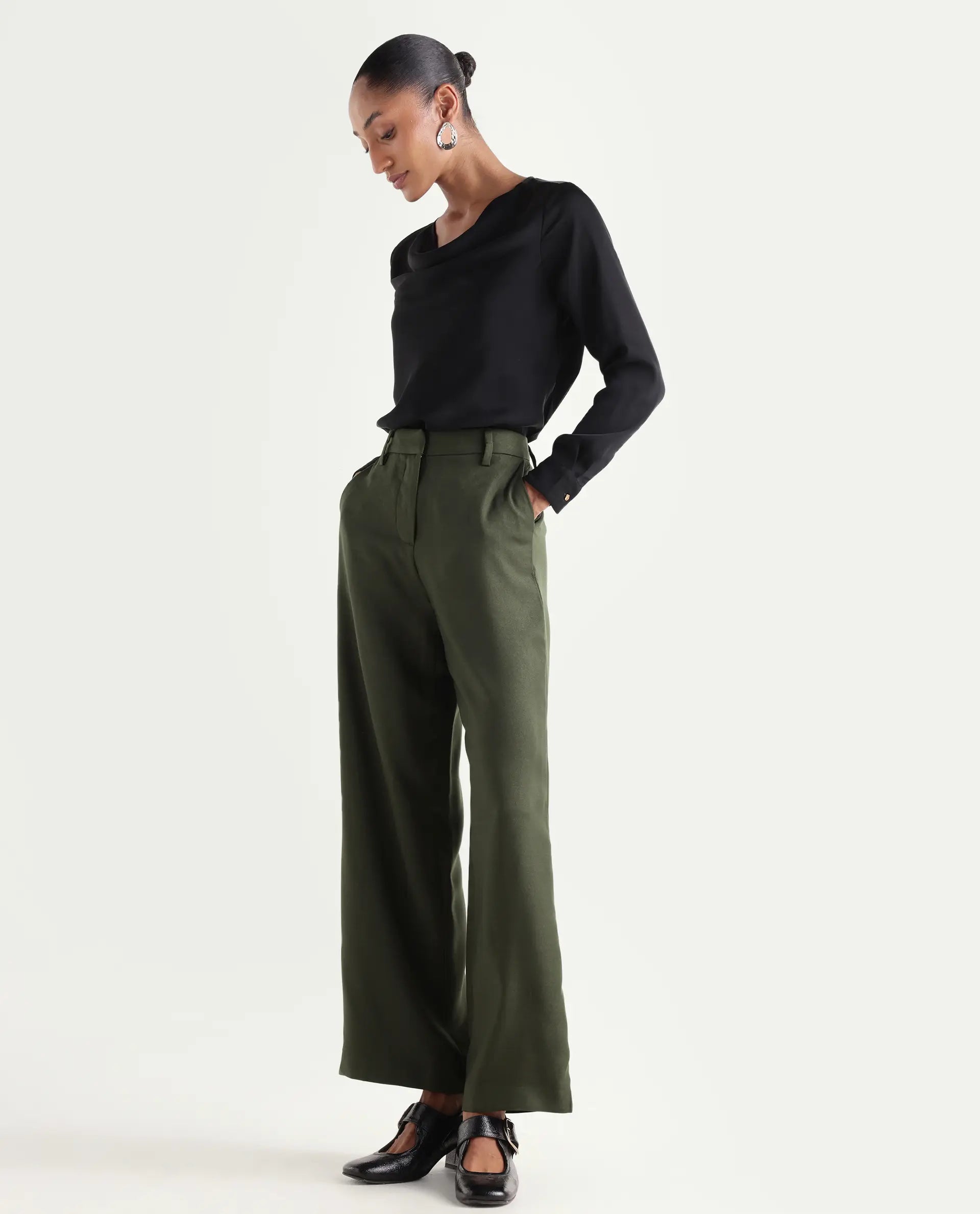 Rareism Women's Vrait Olive Polyester Straight Plain Trouser