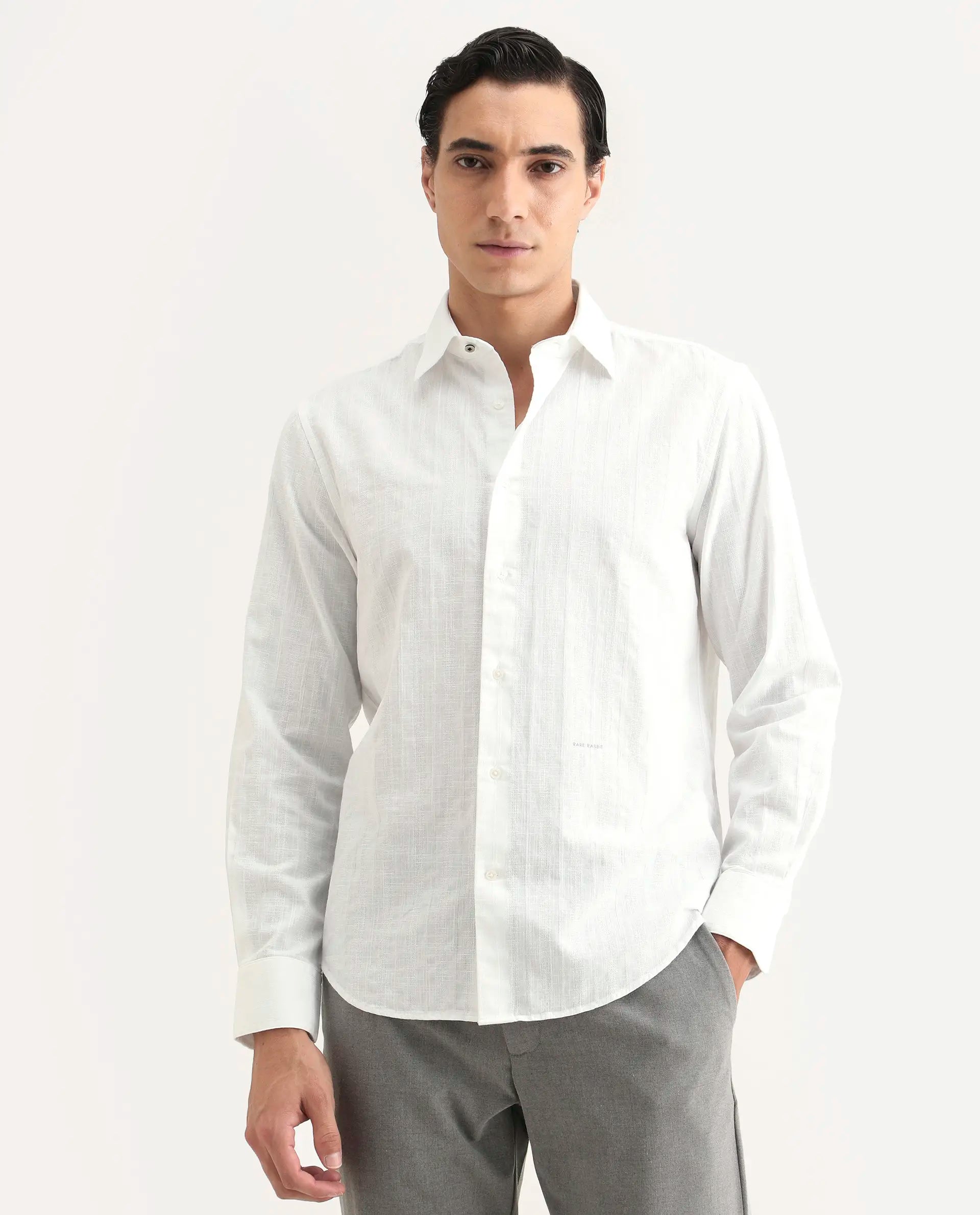 Rare Rabbit Men's Laver White Cotton Fabric Full Sleeve Regular Fit Textured Shirt