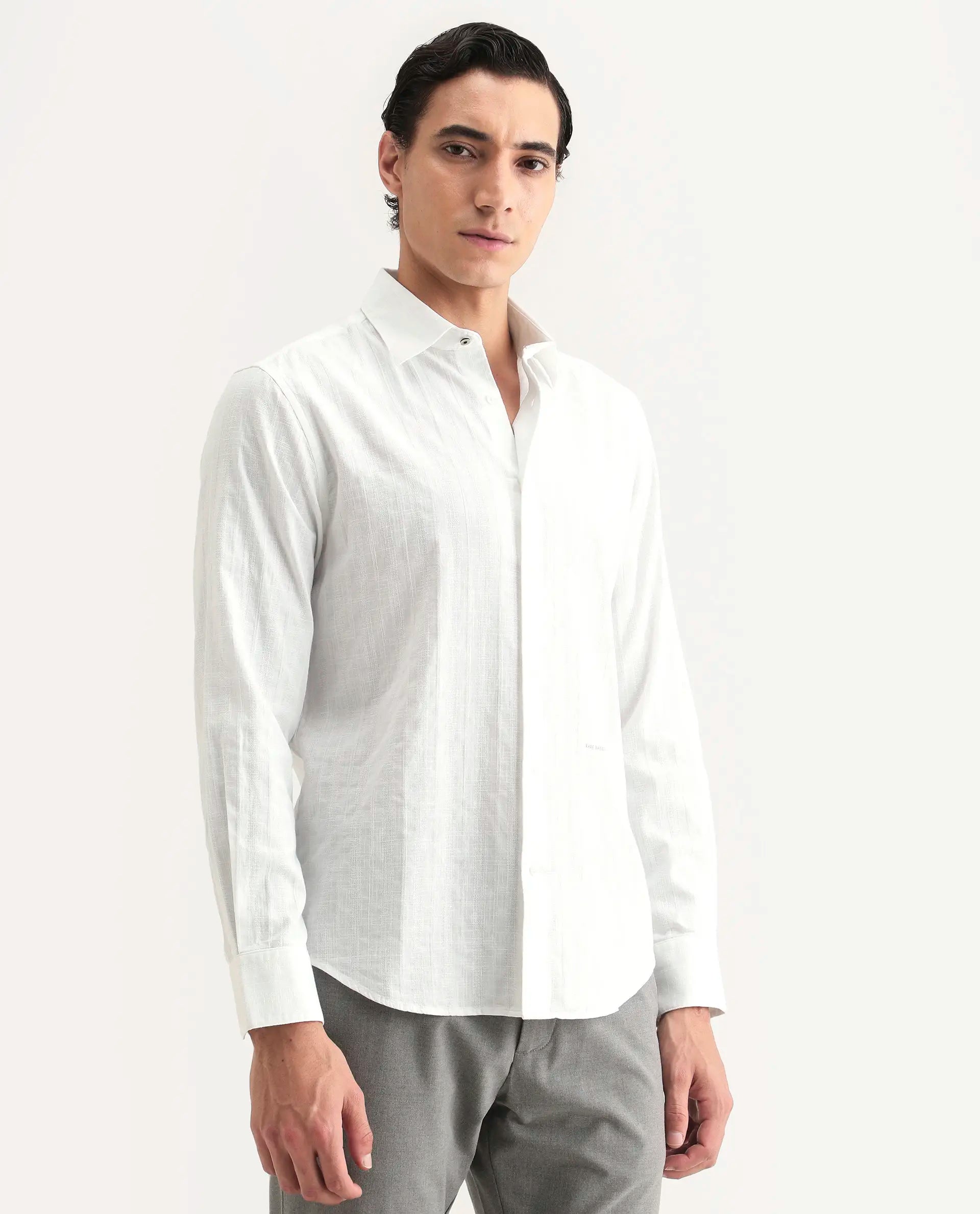 Rare Rabbit Men's Laver White Cotton Fabric Full Sleeve Regular Fit Textured Shirt