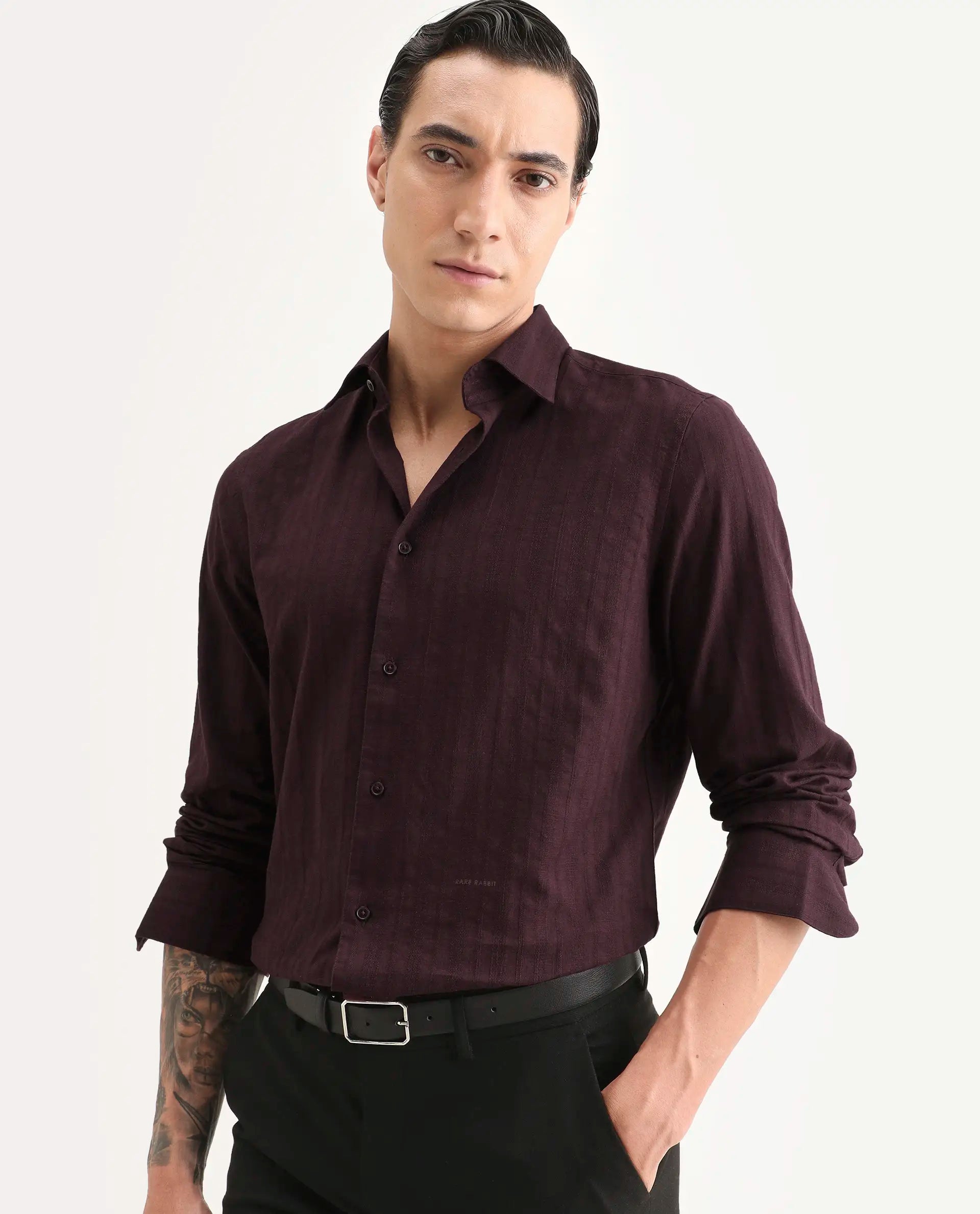 Rare Rabbit Men's Laver Dusky Teal Cotton Fabric Full Sleeve Regular Fit Textured Shirt