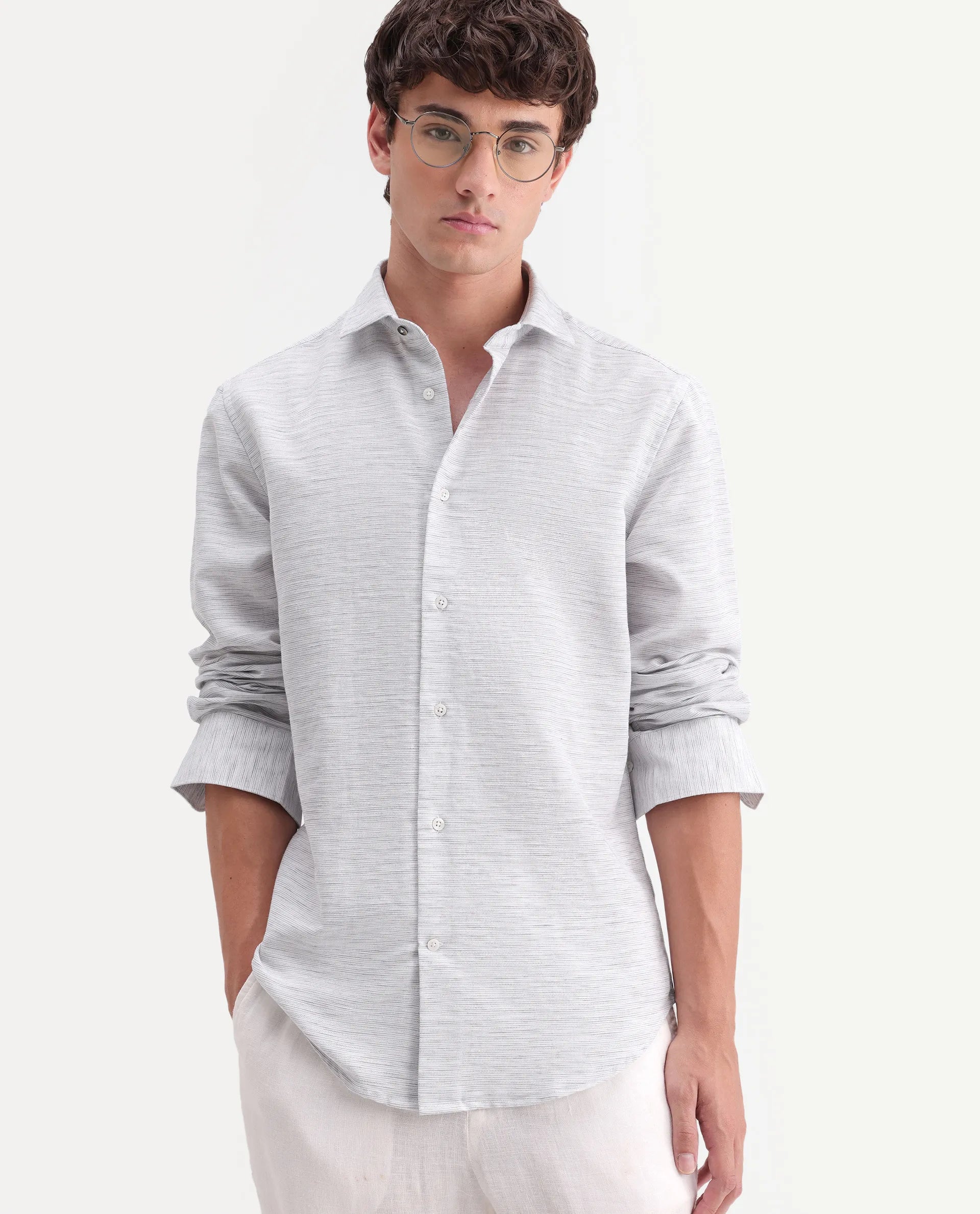 Rare Rabbit Men's Frit Light Grey Linen Blend Fabric Full Sleeve Regular Fit Textured Shirt