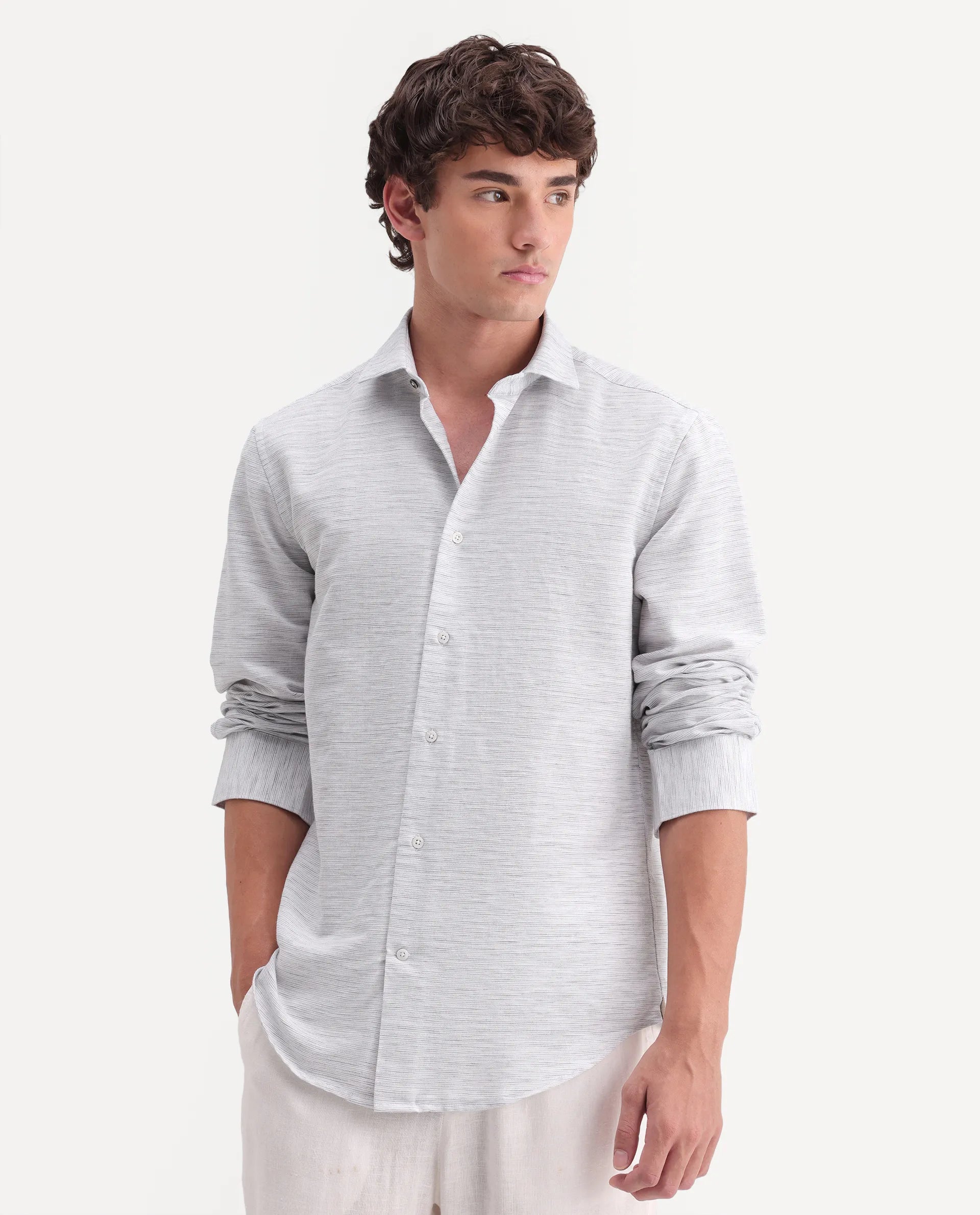 Rare Rabbit Men's Frit Light Grey Linen Blend Fabric Full Sleeve Regular Fit Textured Shirt