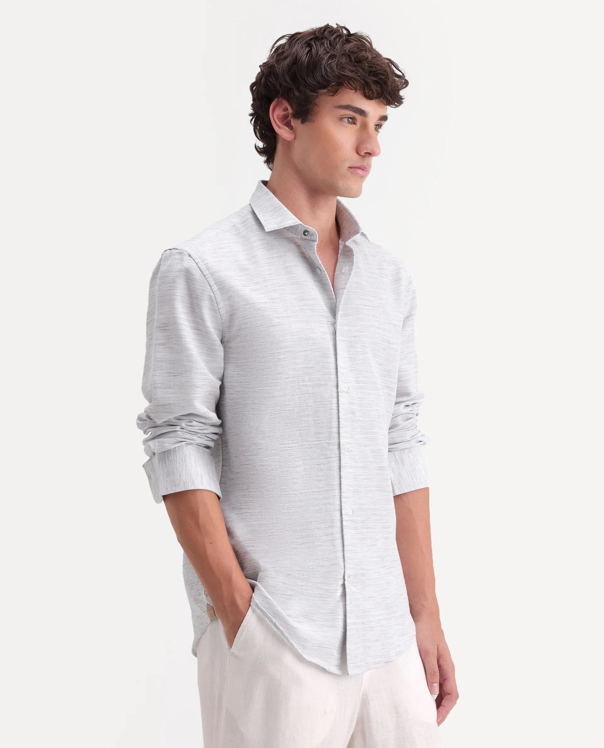 Rare Rabbit Men's Frit Light Grey Linen Blend Fabric Full Sleeve Regular Fit Textured Shirt