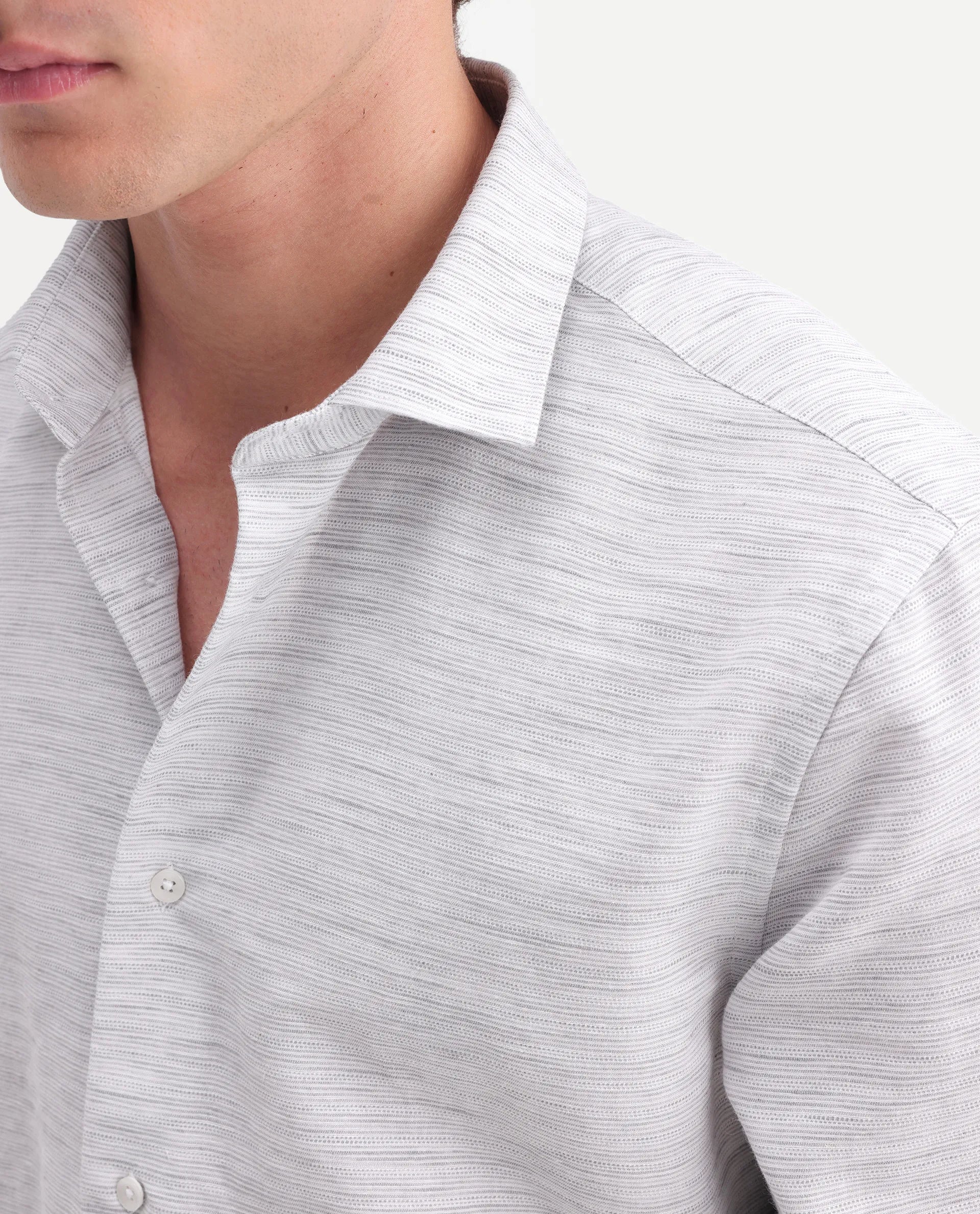 Rare Rabbit Men's Frit Light Grey Linen Blend Fabric Full Sleeve Regular Fit Textured Shirt